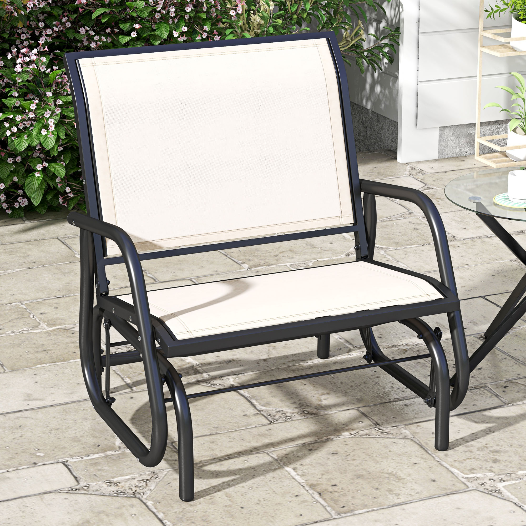 Outdoor Glider Chair, Steel Swing Chai with Curved Armrests for Porch, Garden, Poolside, Balcony, Cream White
