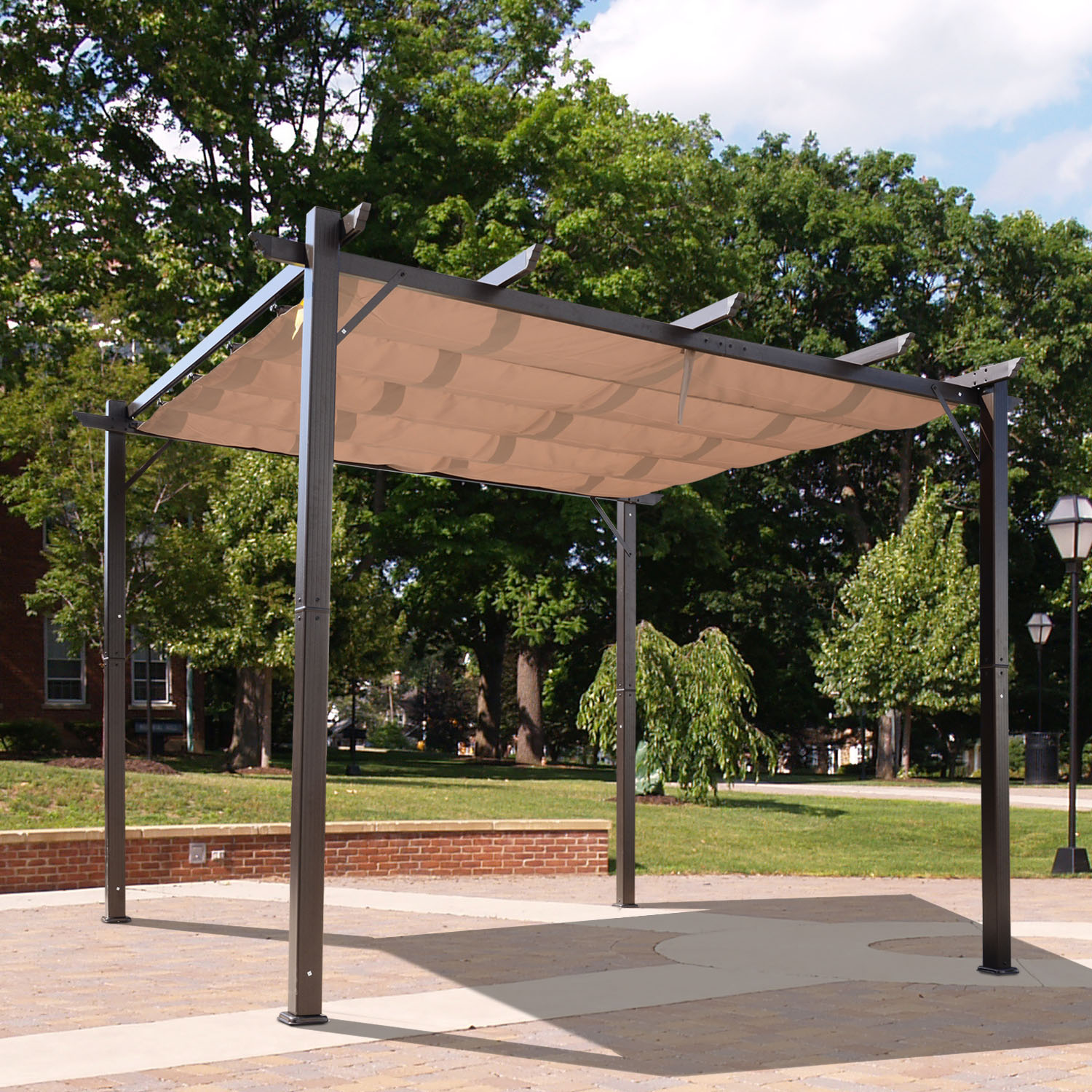 10′ x 10′ Outdoor Pergola Aluminum Gazebo w/ Retractable Canopy for Patio, Backyard, Party, Brown