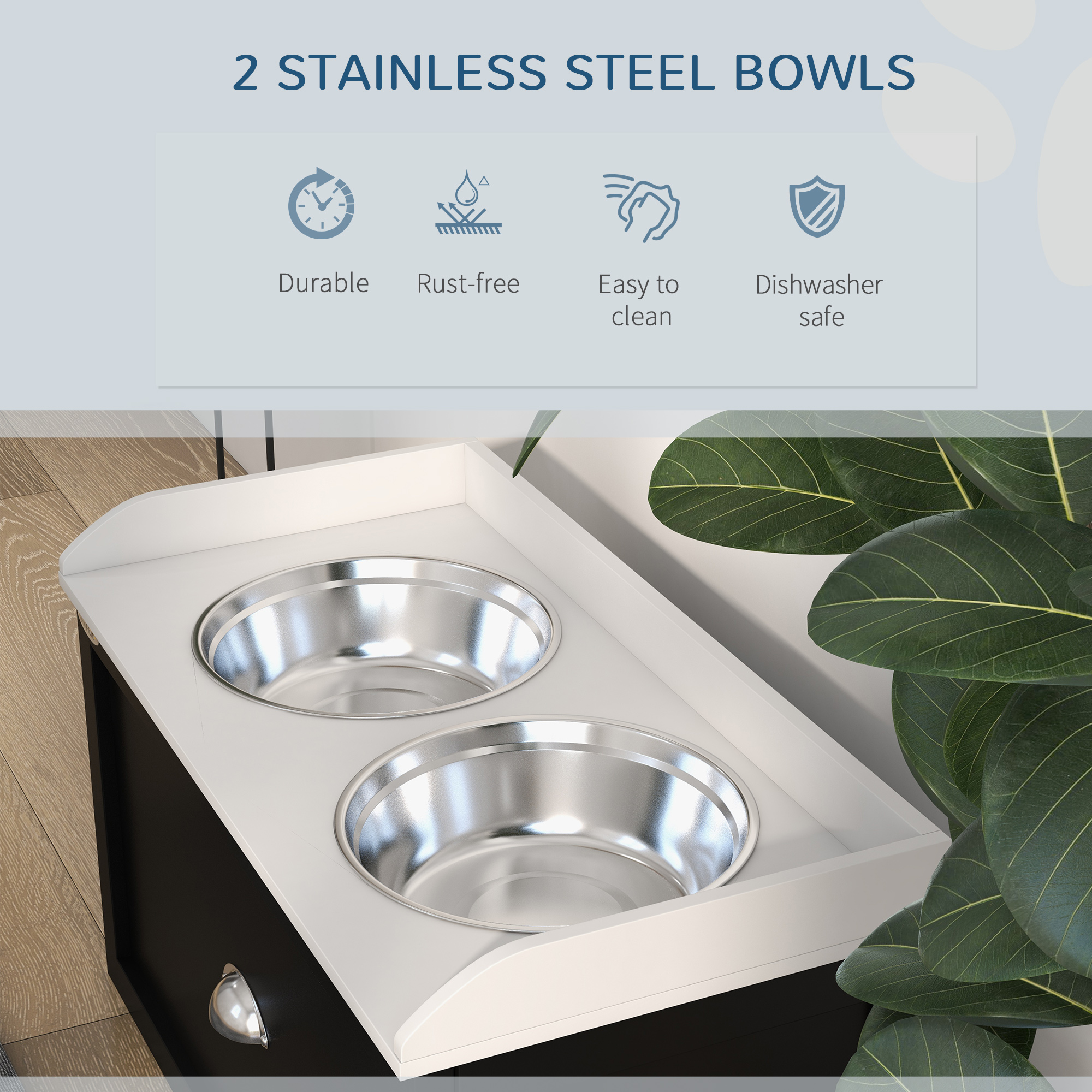  Pet Feeding Station Pet Dish Bowl Set with Storage, 2 Elevated Dog Bowls for Large Sized Dogs, White and Black
