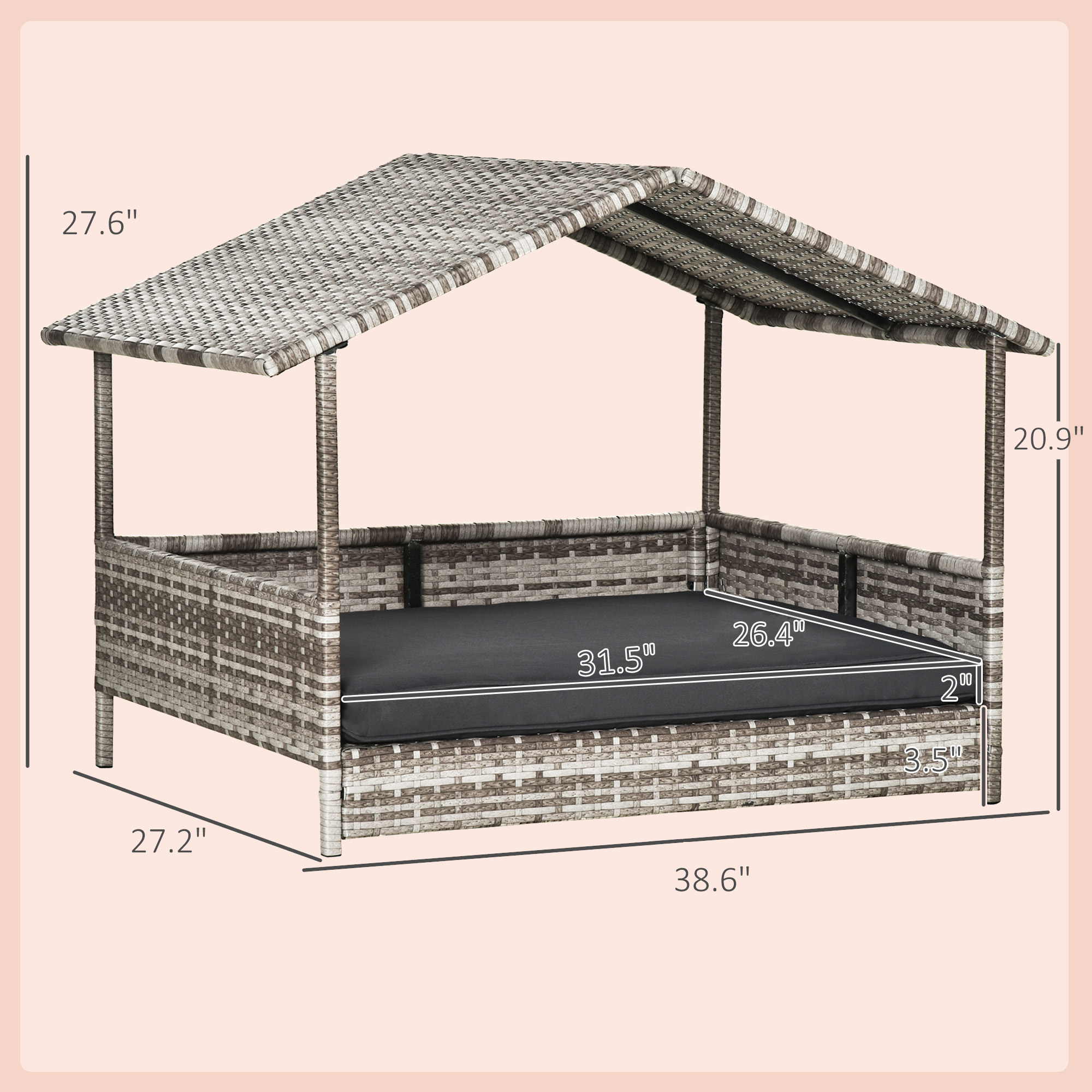  Wicker Dog House Elevated Raised Rattan Bed with Removable Cushion Lounge, Charcoal Gray