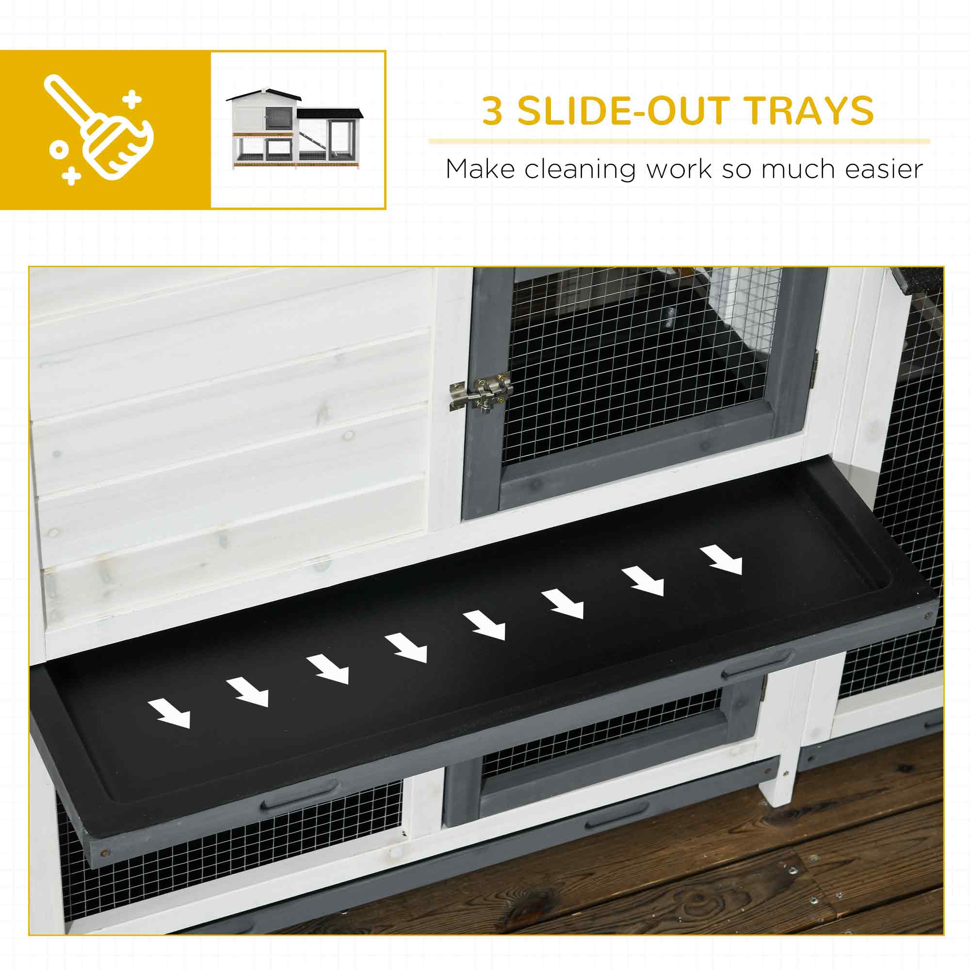  62" Rabbit Hutch, Wooden Bunny Hutch, Guinea Pig Cage, Small Animal Enclosure with Run Area, Removable Tray, Asphalt Roof, Lockable Doors and Ramp, for Rabbits, Chickens, Ducks, White