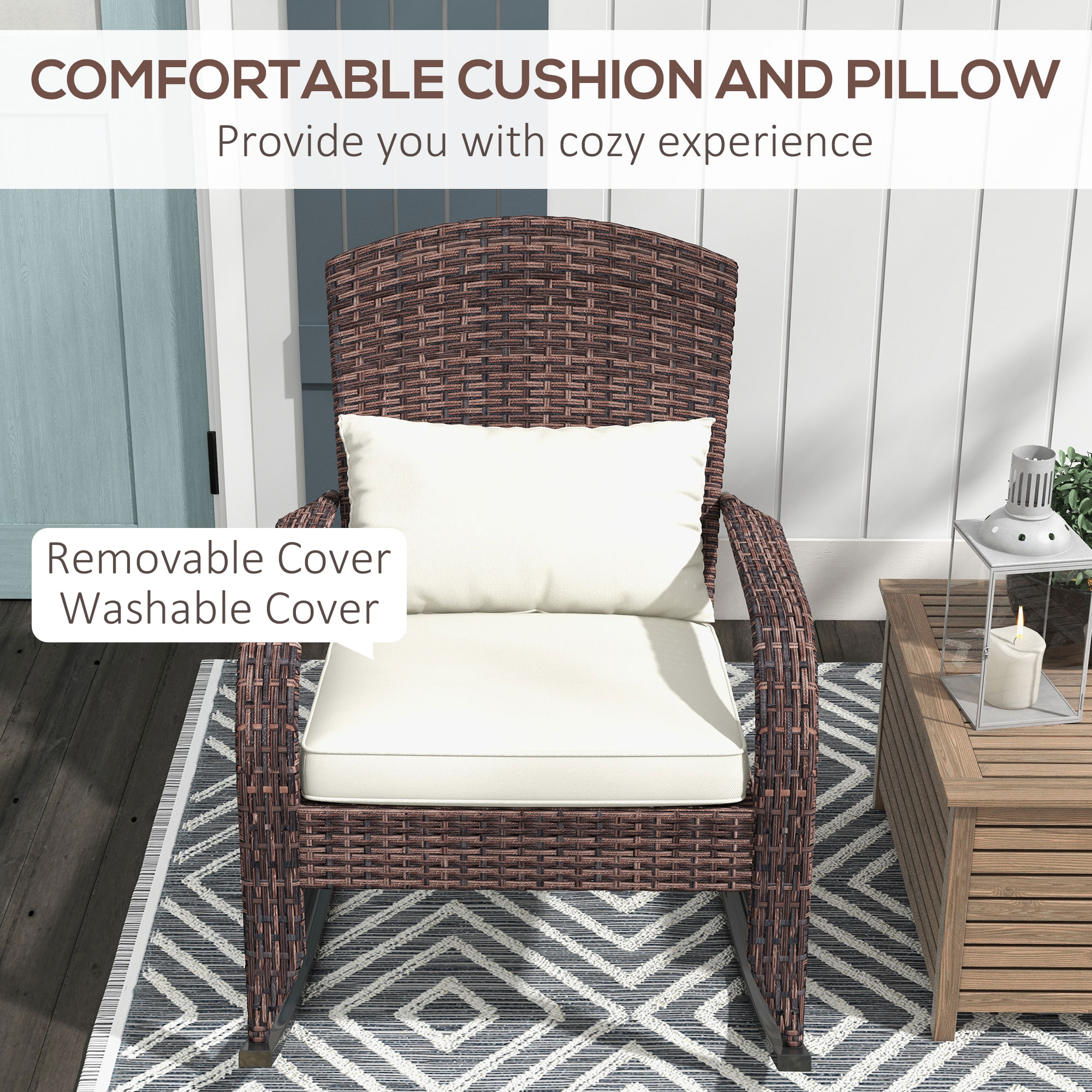  Adirondack Chair, Outdoor Wicker Rocking Chair with High Back, Seat Cushion, and Pillow for Porch, Balcony, Cream White
