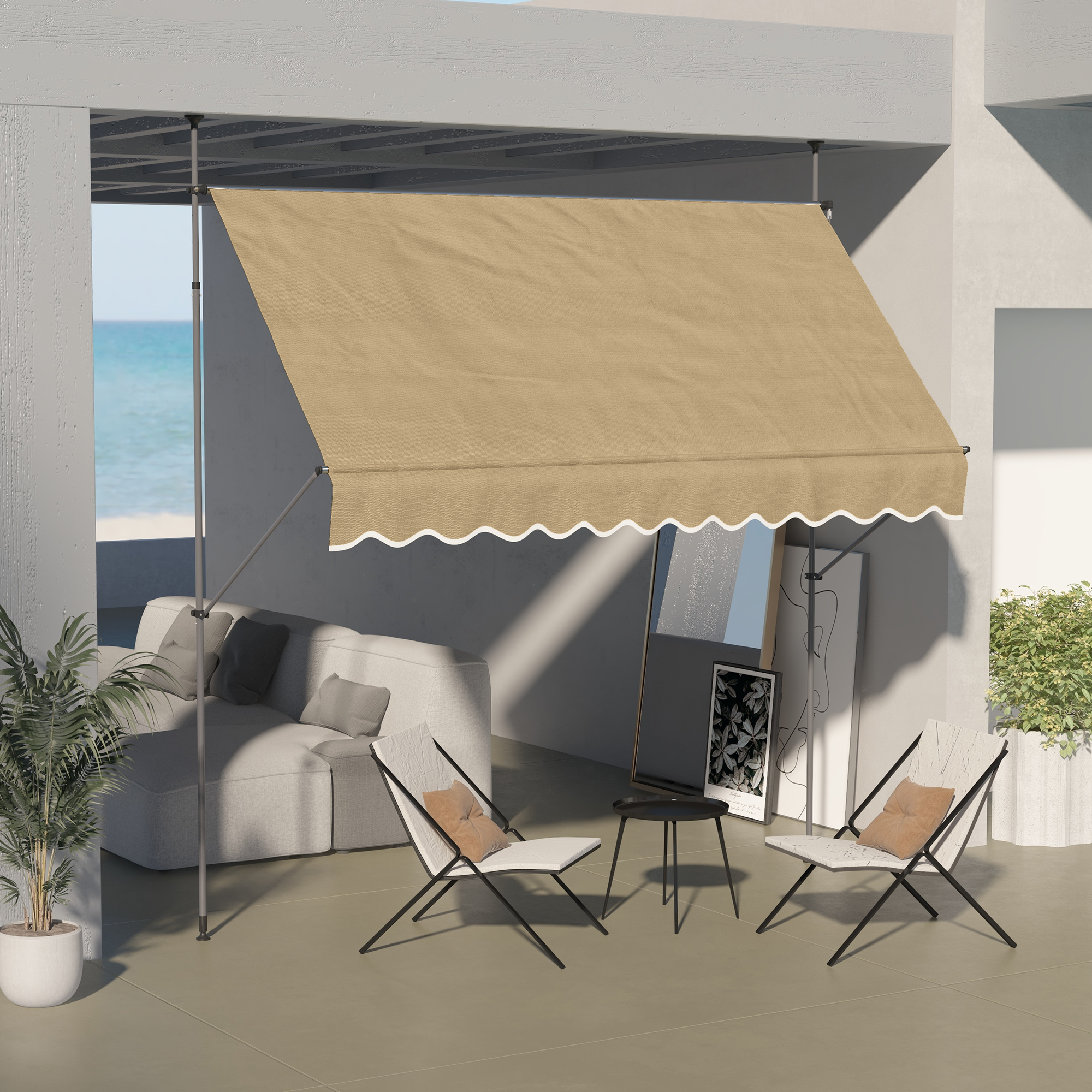 10 x 4 Manual Retractable Awning, Non-Screw Patio Awning, UV Resistant, for Window or Door, Beige