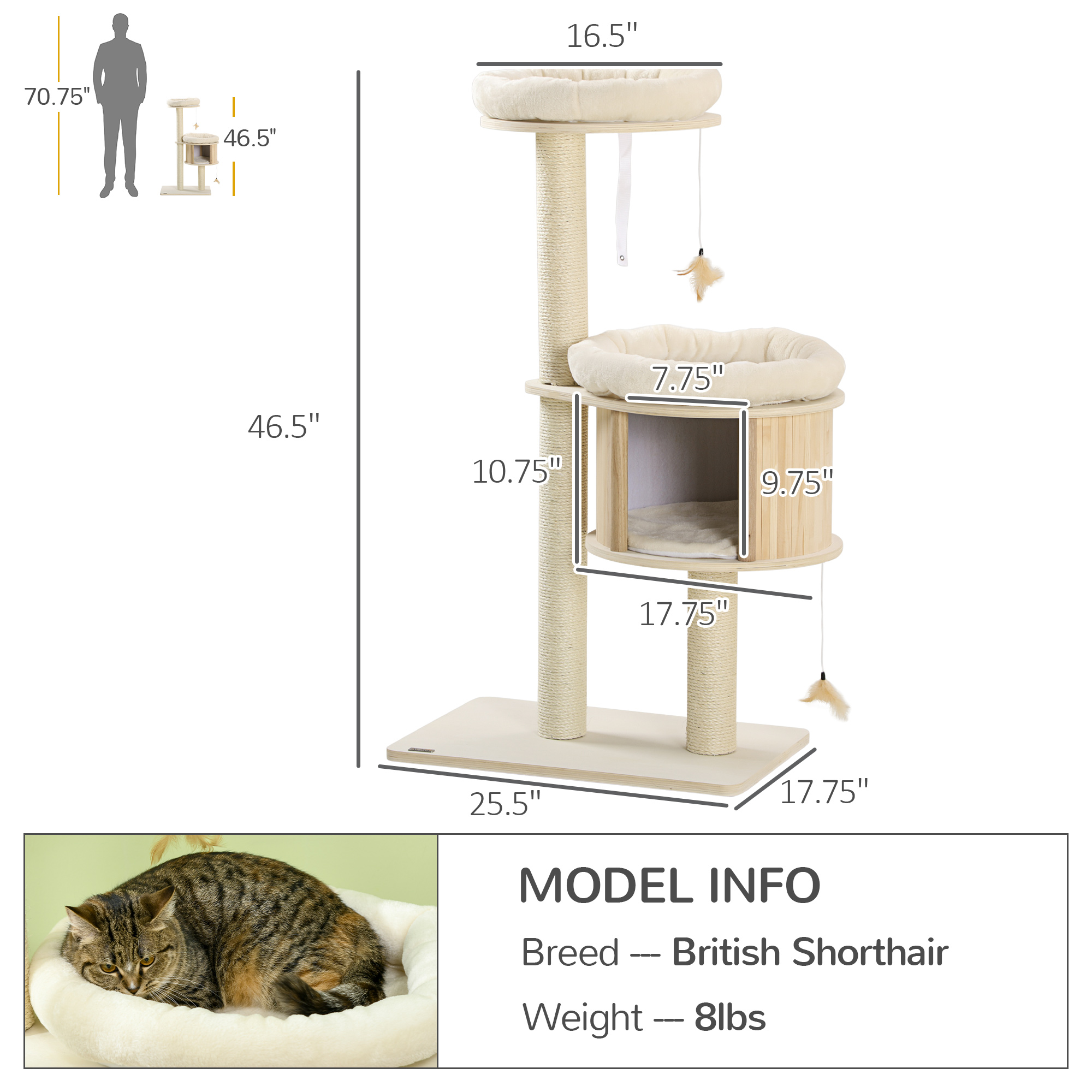  Cat Tree, 3 Level Cat Tower with Scratching Posts, Bed, Condo, Badminton Toys, for Multiple Kittens