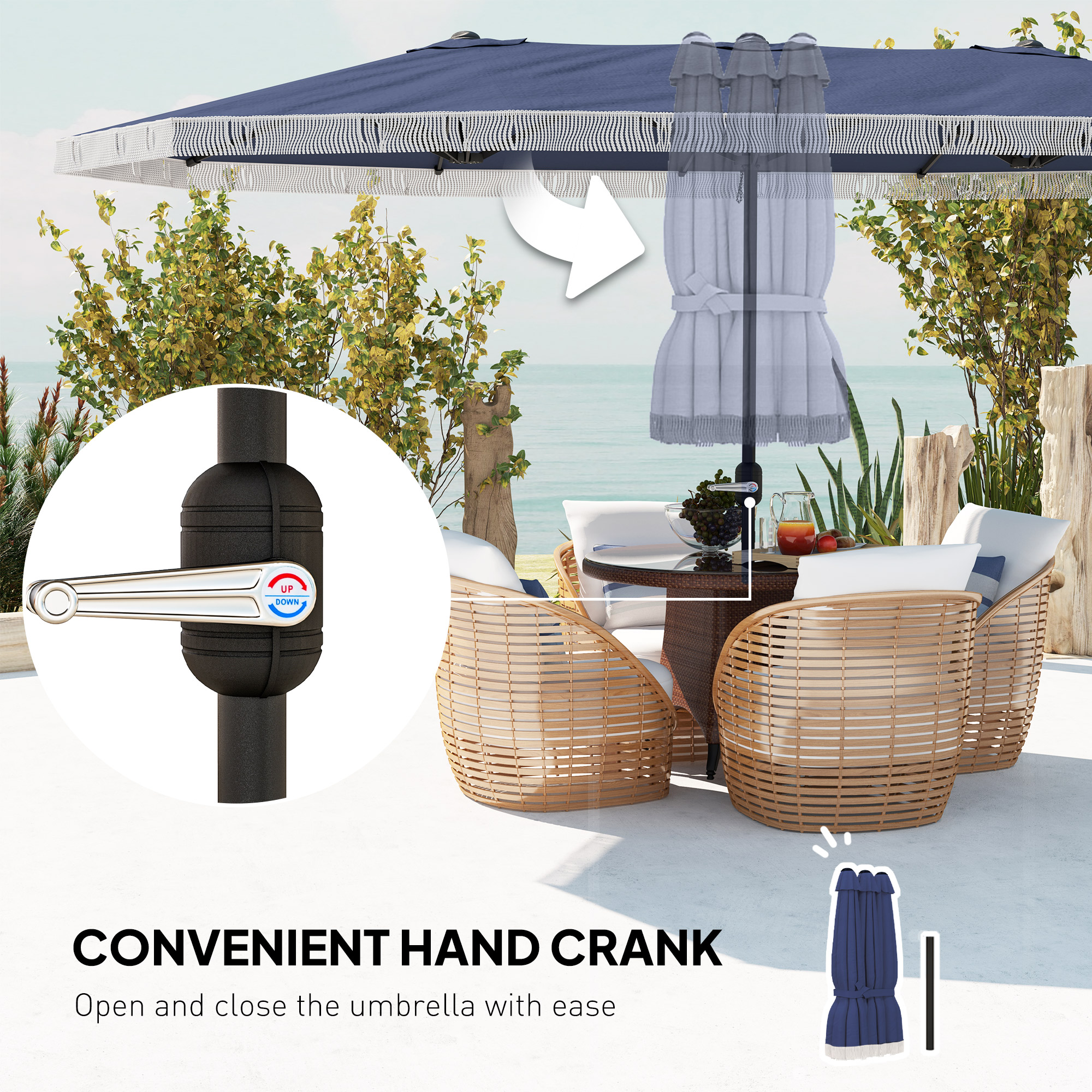 15ft Rectangle Patio Umbrella UPF30+ Extra Large Outdoor Umbrella with Fringe and Crank Handle, Dark Blue
