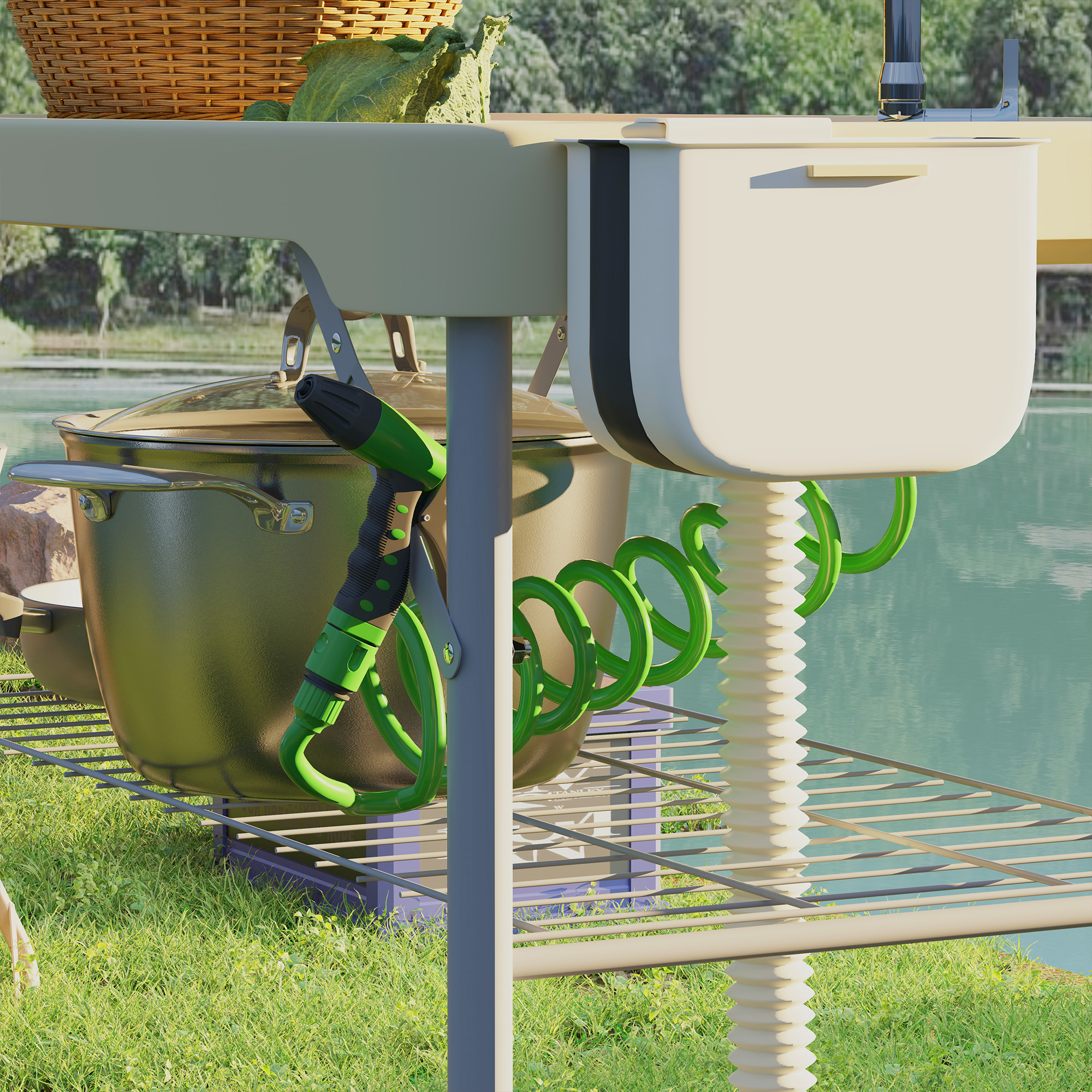 Folding Fish Cleaning Table with Sinks, Portable Camping Sink Table with Faucet, Drainage Hose, Sprayer, Shelf, Drawer and Storage Basket, Outdoor Fillet Table for Picnic Beach Patio, Tan