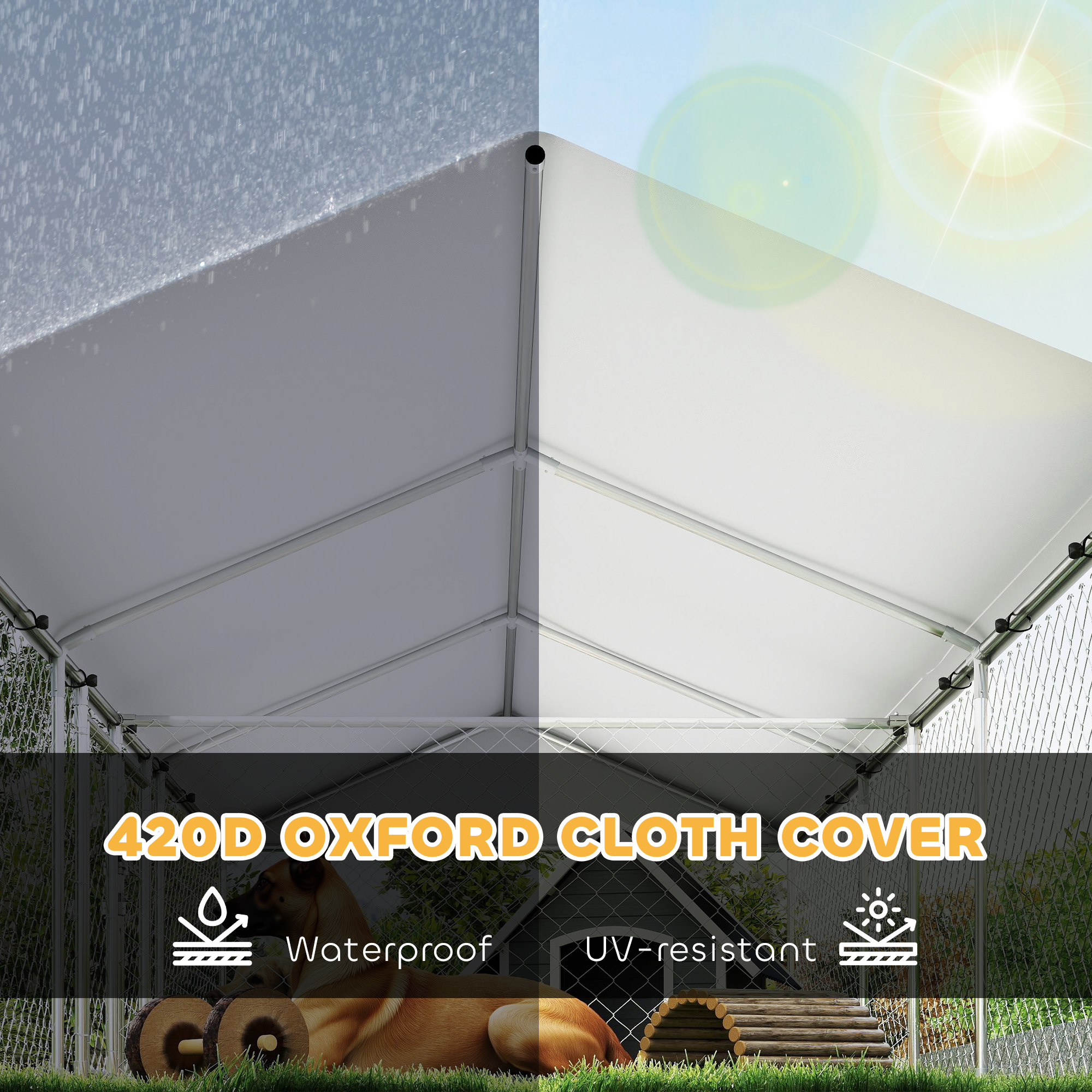  Two Room Outdoor Dog Kennel, Dog Run with Roof, Waterproof UV-Resistant Cover, Secure Lock, 19.7' x 7.5' x 5.2'