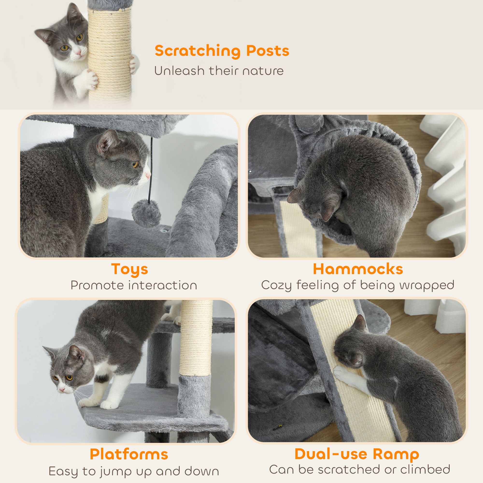  69" Cat Tree, Multi-Level Cat Tower with 2 Condos and 3 Hammocks, 8 Scratching Posts, for Multiple Cats, Dark Gray