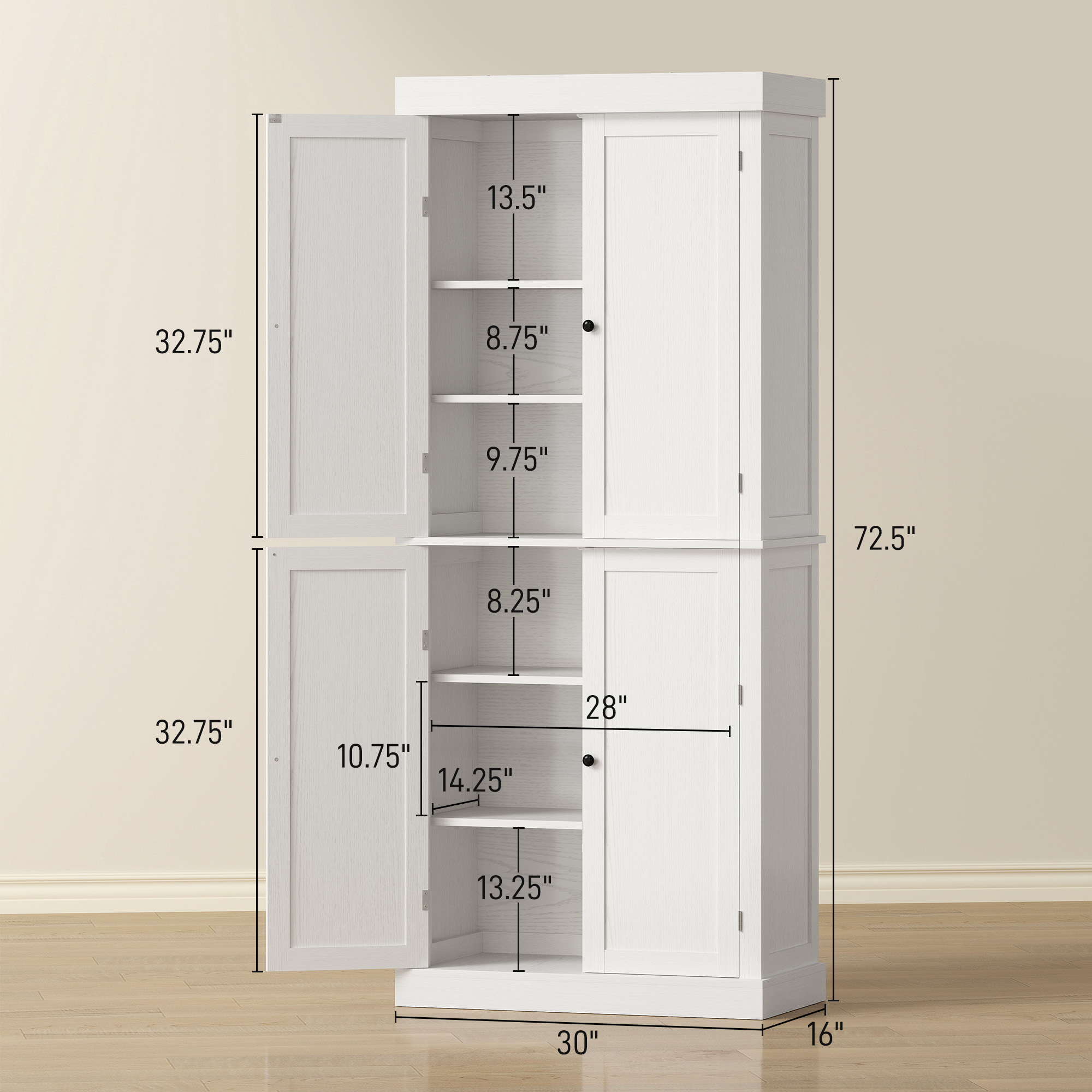  72" Kitchen Cabinet, Pantry Storage Cabinet with Doors and Shelves, Freestanding Food Pantry Cabinet, White Wood Grain image 2