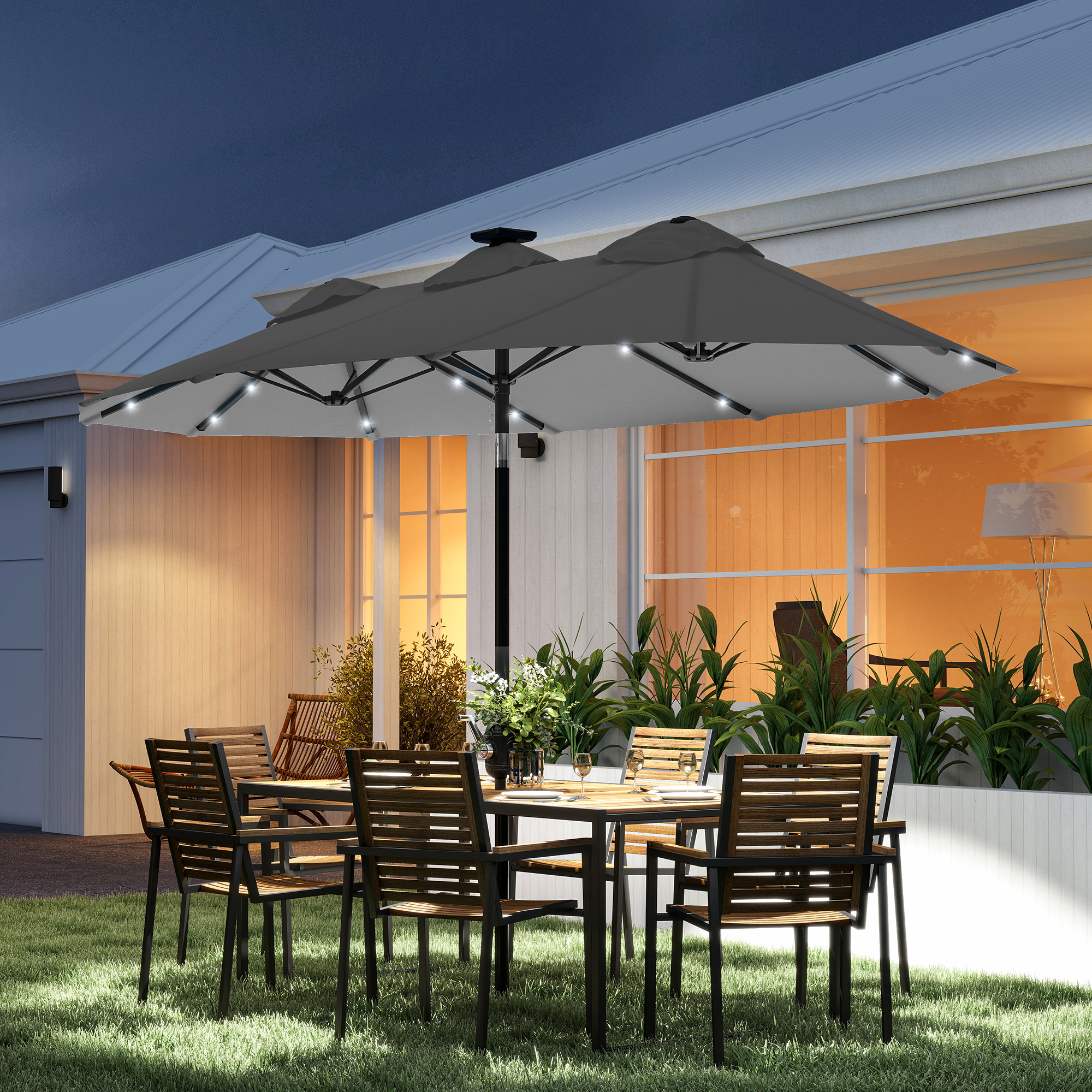 Double-sided Patio Umbrella, 9.7 Outdoor Umbrella with Tilt and Crank, LED Solar Light and 12 Ribs, Gray