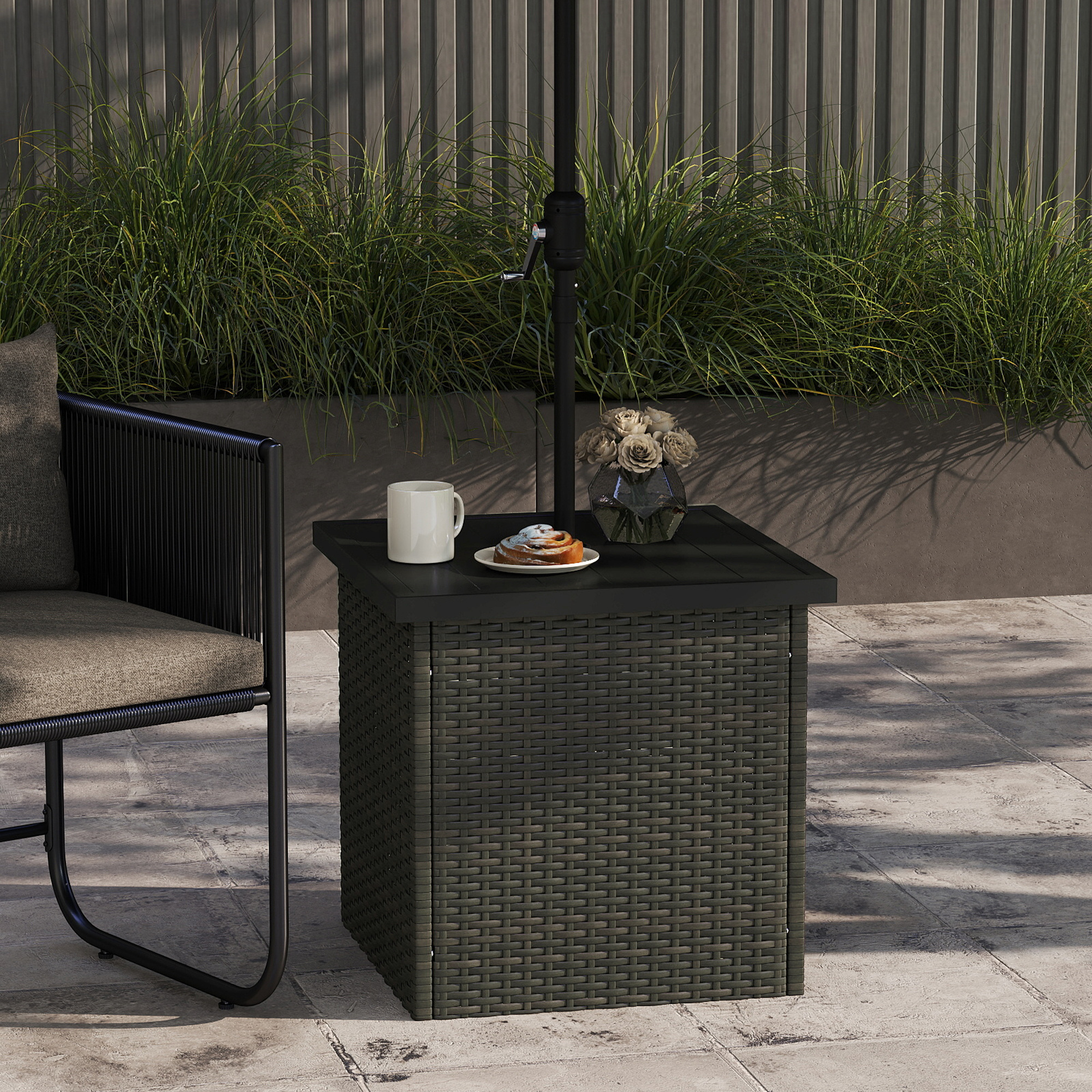  Wicker Side Table with 1.5" Umbrella Hole, Square Outdoor End Table with UV-Resistant Frame, Storage Space, Mixed-Brown