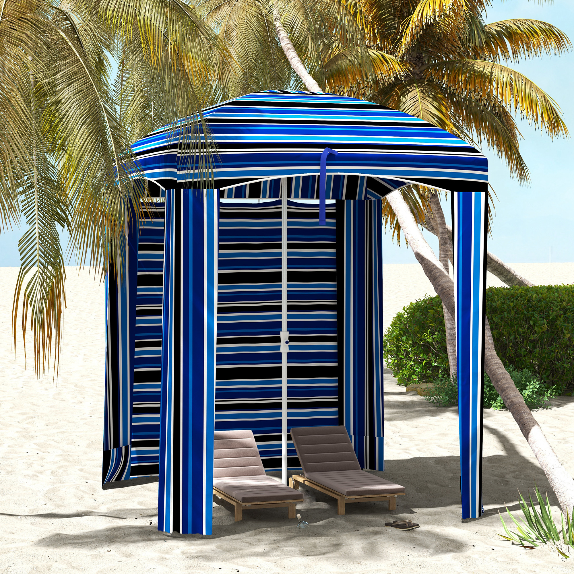 5.8 x 5.8 Cabana Umbrella with Walls, Vents, Ruffles, Carry Bag, Beach Umbrella, Blue Stripe