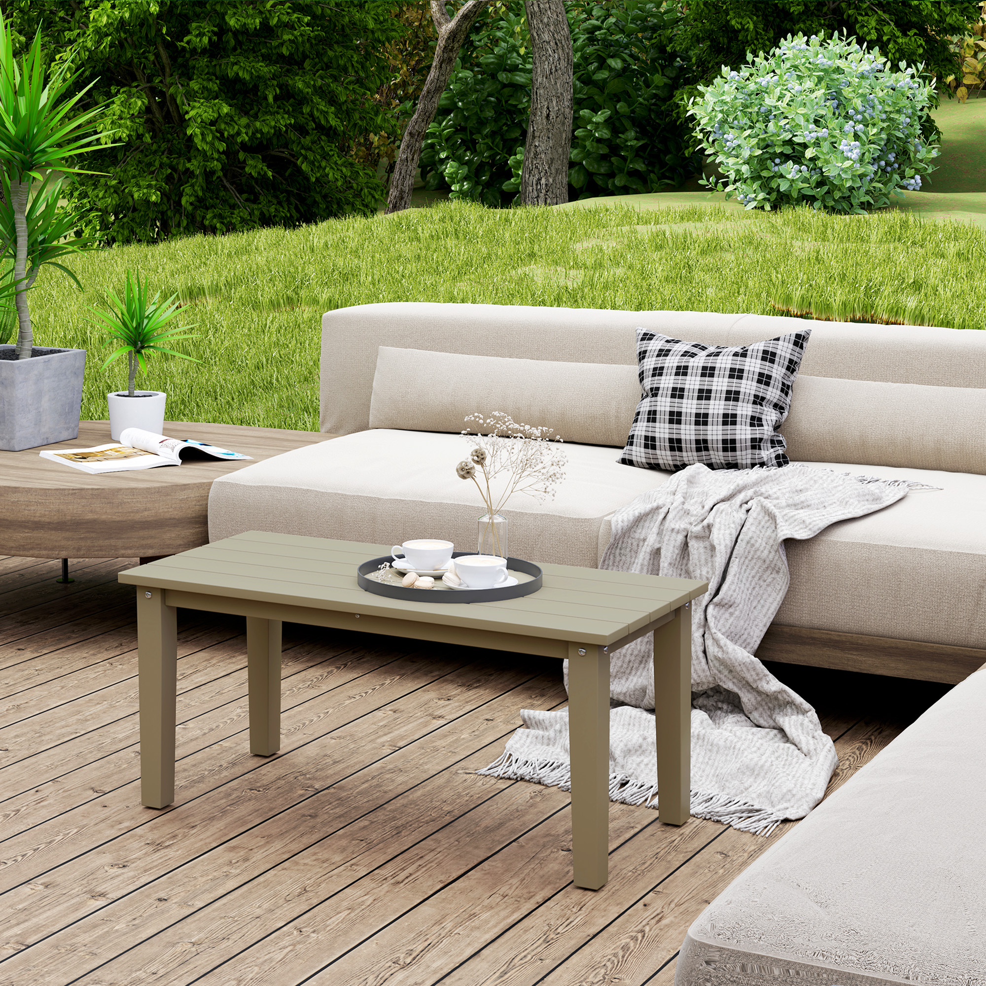 Rectangle Outdoor Coffee Table, HDPE All-Weather Outdoor Patio Table with Slatted Tabletop for Yard, Balcony, Brown