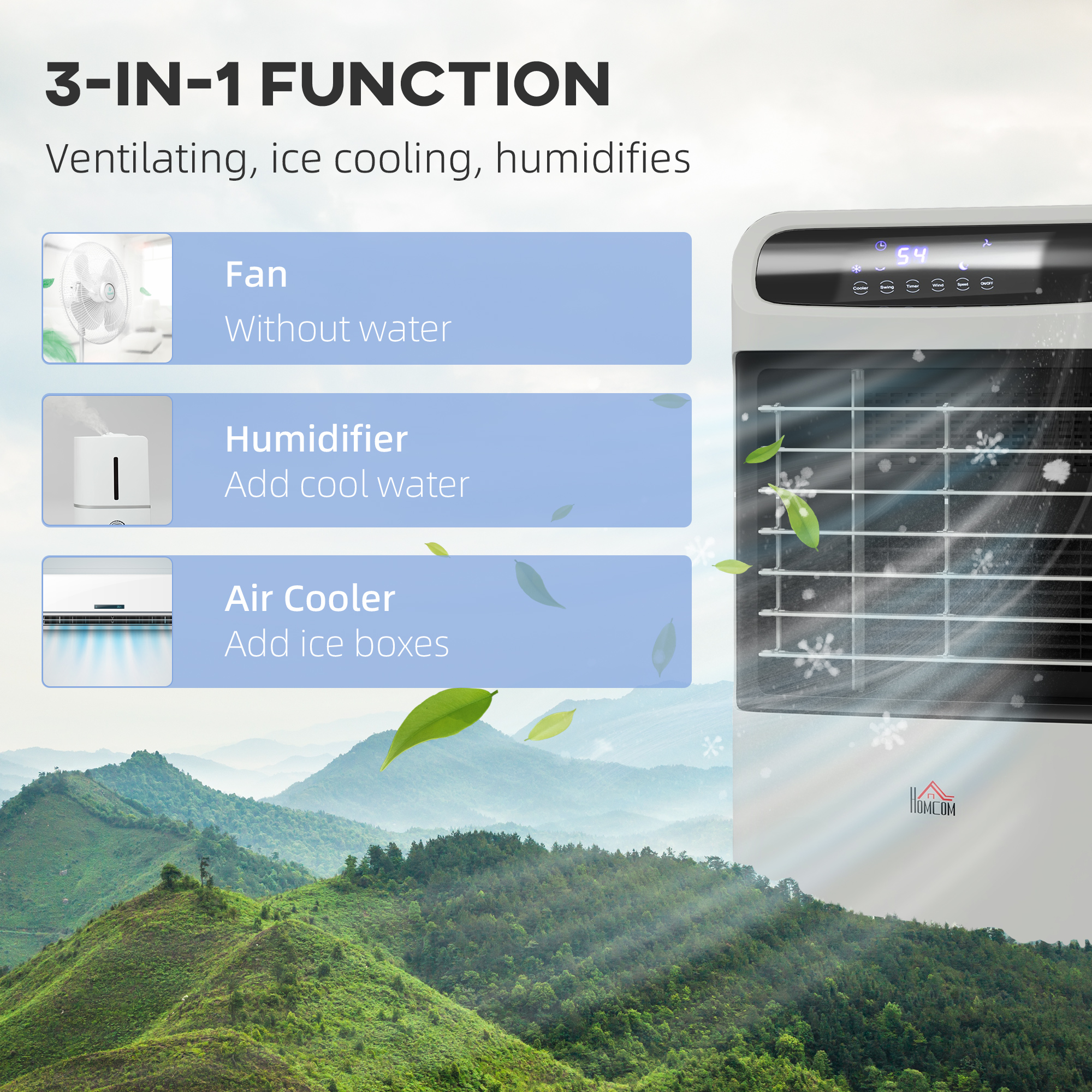  3-In-1 Ice Cooling Fan, Mobile Evaporative Air Cooler with Remote, Timer, Oscillating for Home Office, Bedroom, Gray