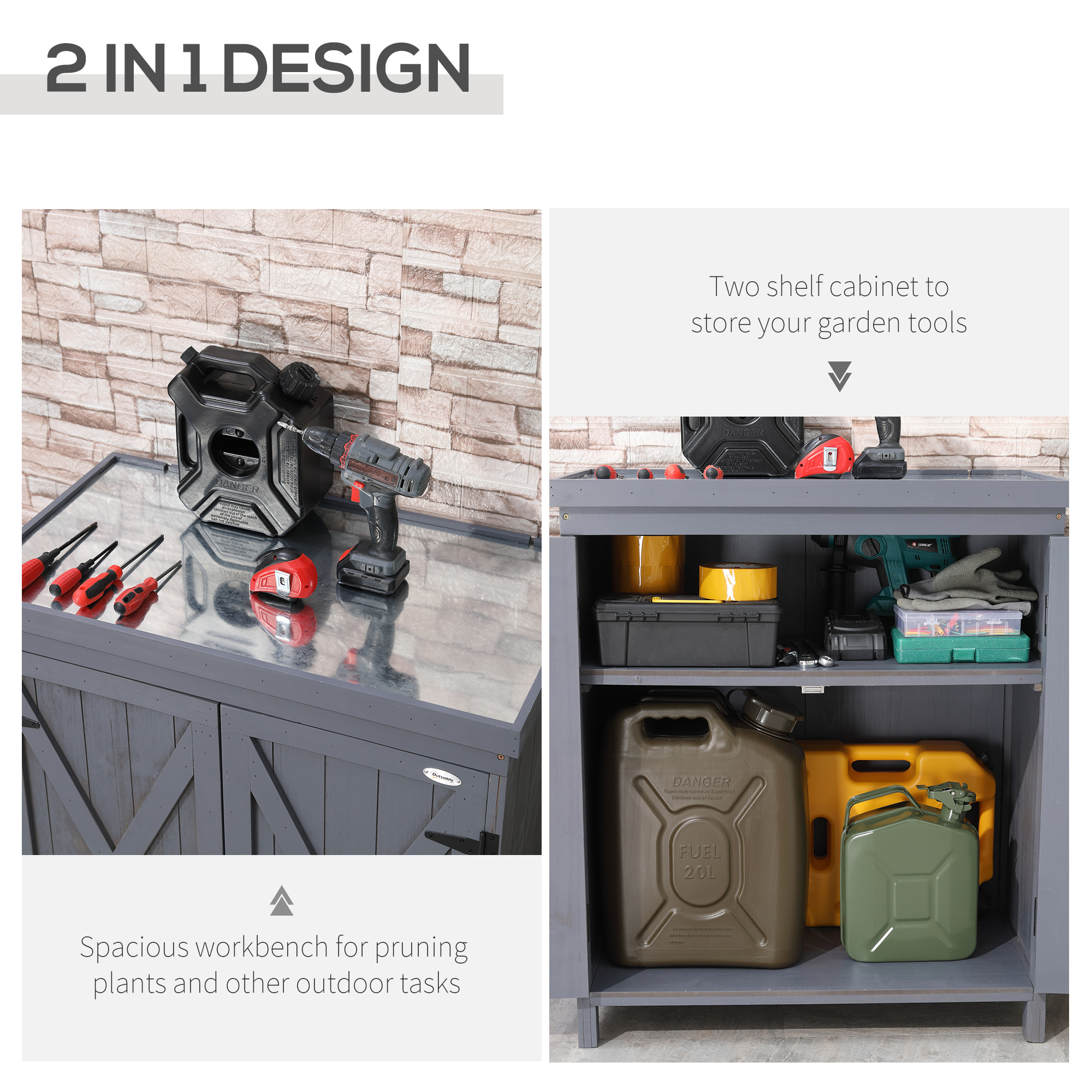  Outdoor Storage Cabinet, Outdoor Tool Shed with Galvanized Top and Two Shelves for Yard Tools or Pool Accessories, Gray