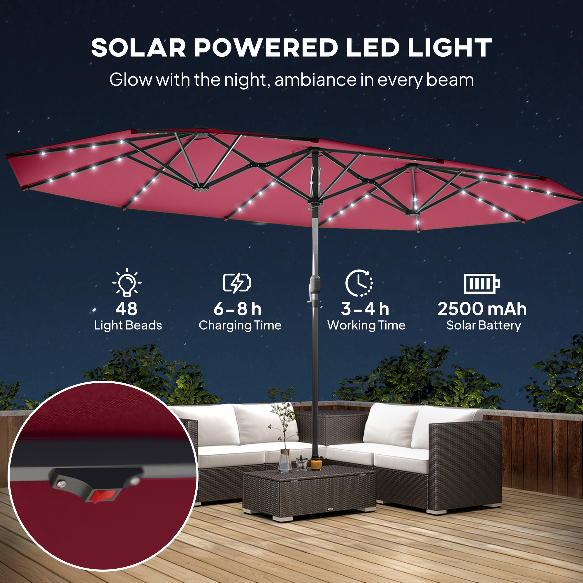 Garden Parasol, Double-Sided Sun Umbrella with LED Solar Lights, Patio Parasol for Outdoor, Wine Red - 4