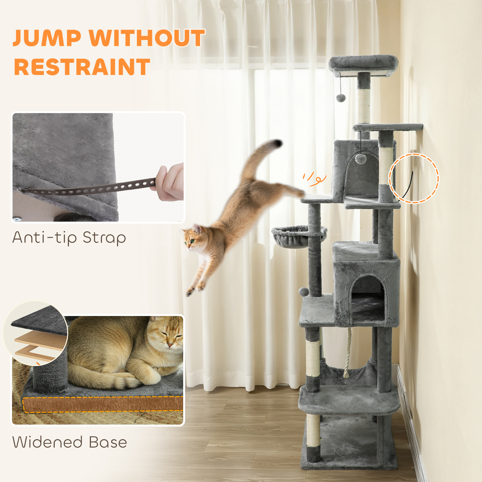  Multi-Level Cat Tower, 80" Tall Cat Tree, with 2 Condos, 2 Hammocks, 6 Sisal Scratching Posts, Dark Gray