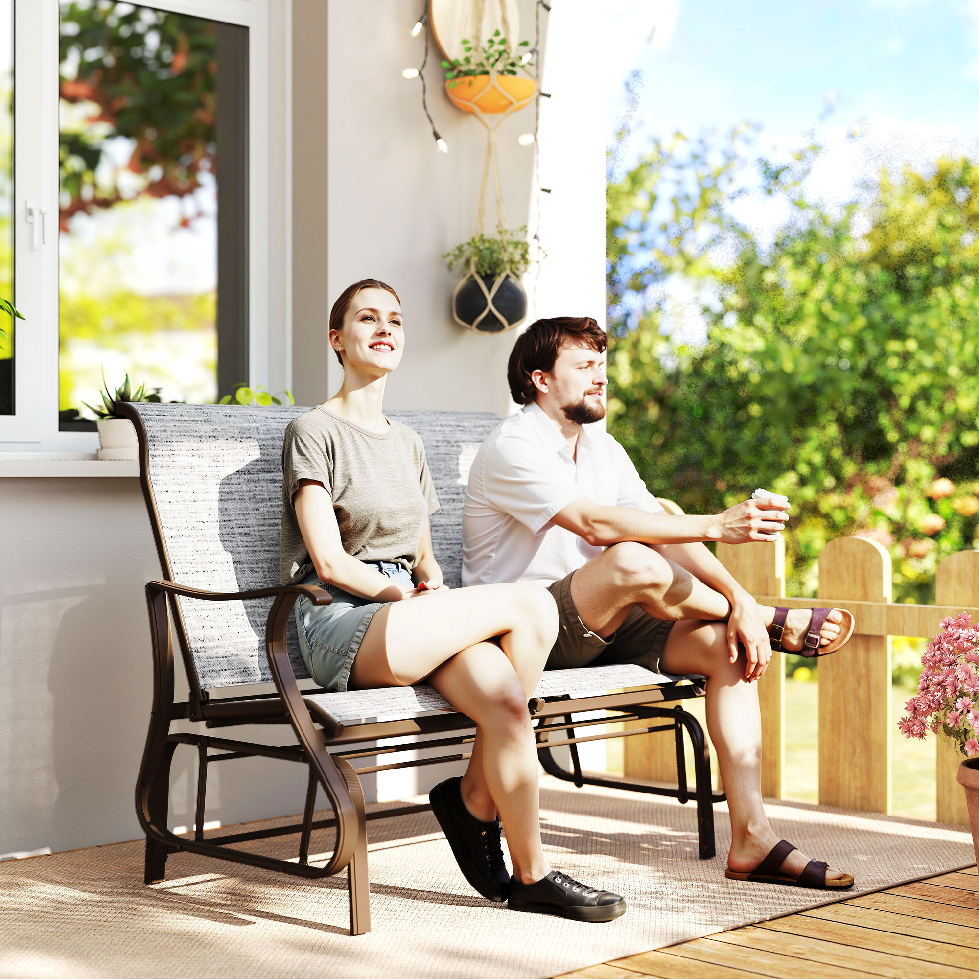 2-Person Outdoor Glider Bench，Patio Glider Loveseat Chair with Powder Coated Steel Frame，2 Seats Porch Rocking Glider for Backyard, Lawn, Garden and Porch, Mixed Gray