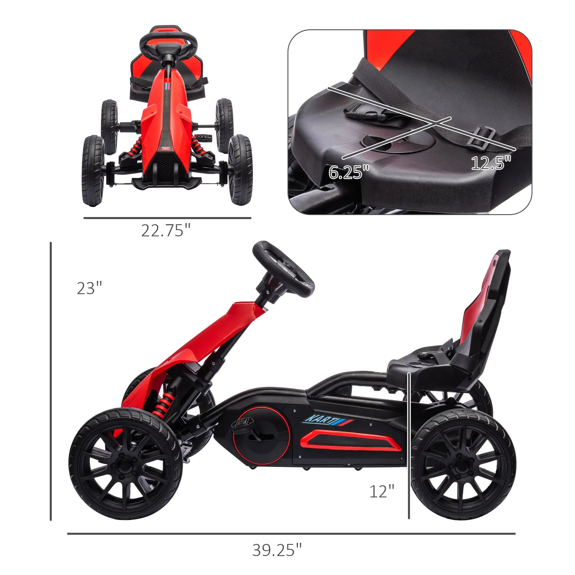 Kids Pedal Go Kart W/ Adjustable Seat, Swing Axle, Red