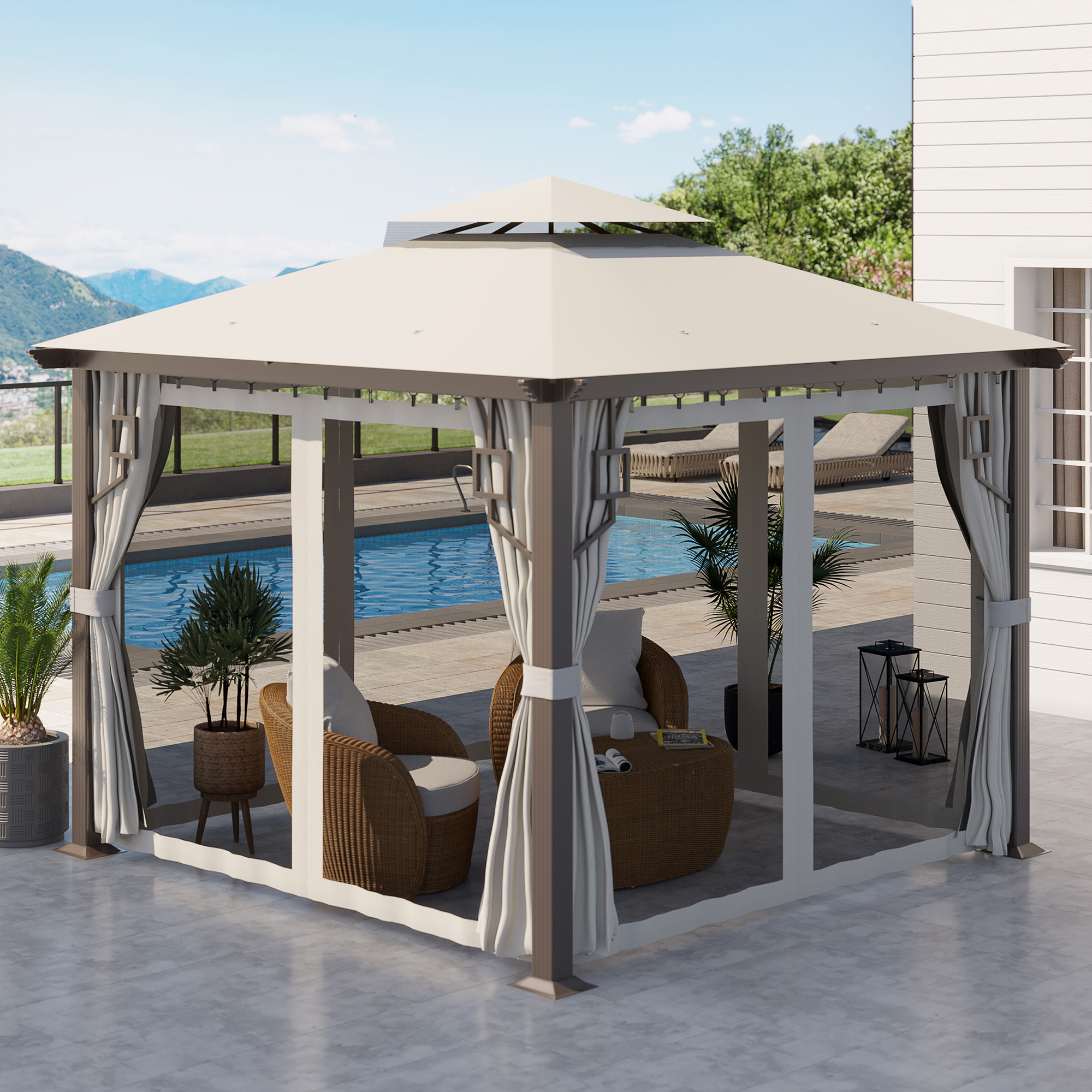 10 x 10 Patio Gazebo, Double Roof Outdoor Gazebo with Privacy Curtains, Mesh Netting, Aluminum Frame Outdoor Canopy Shelter, Cream White