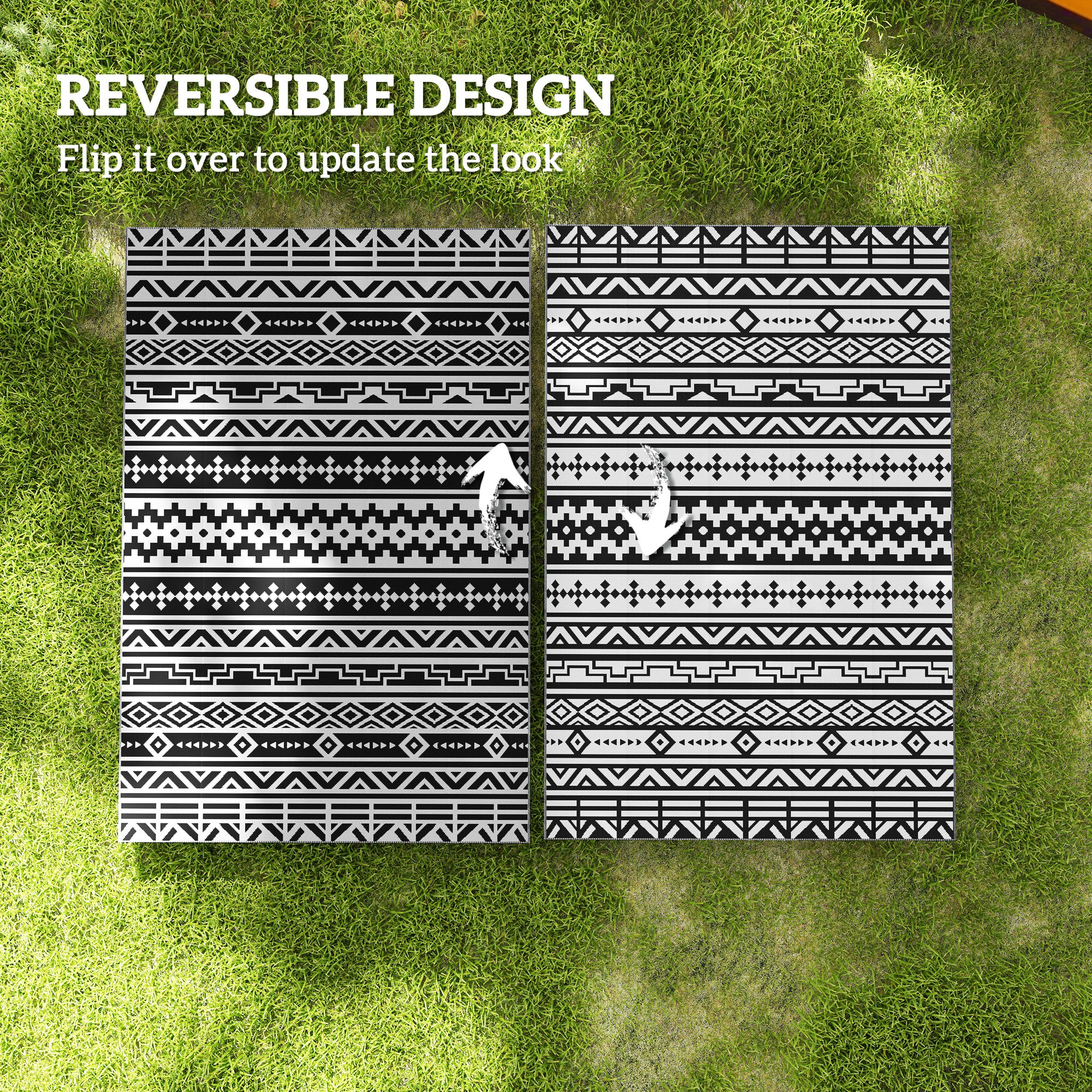 Reversible Outdoor Rug, Waterproof Plastic Straw with Carry Bag, 6' x 9', Black & White Geometric Wall image 6