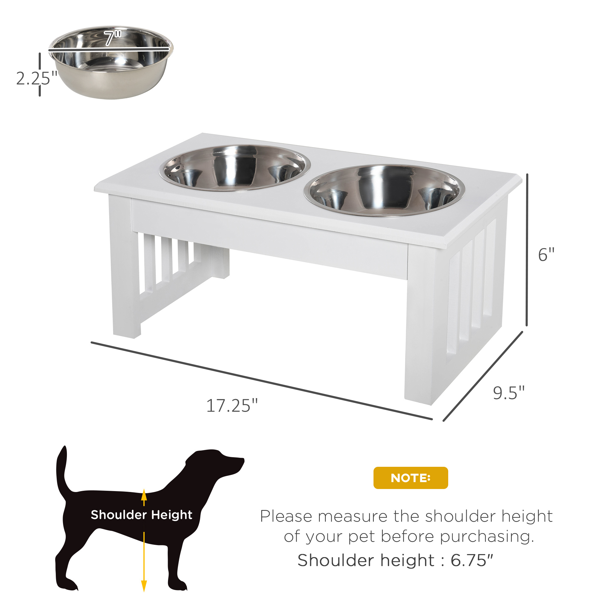  6" Height Small Puppy Dog Feeding Station for Messy Pets, Stainless Steel Elevated Dog Bowls with Modern Wooden Frame, Dog Food Stand Pet Feeding Station, White