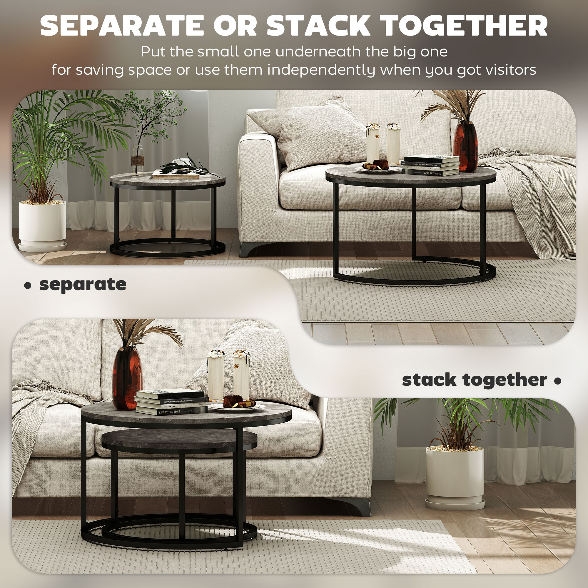 Industrial Nesting Coffee Table Set Of 2, Round Tables, Living Room With Faux — image 5
