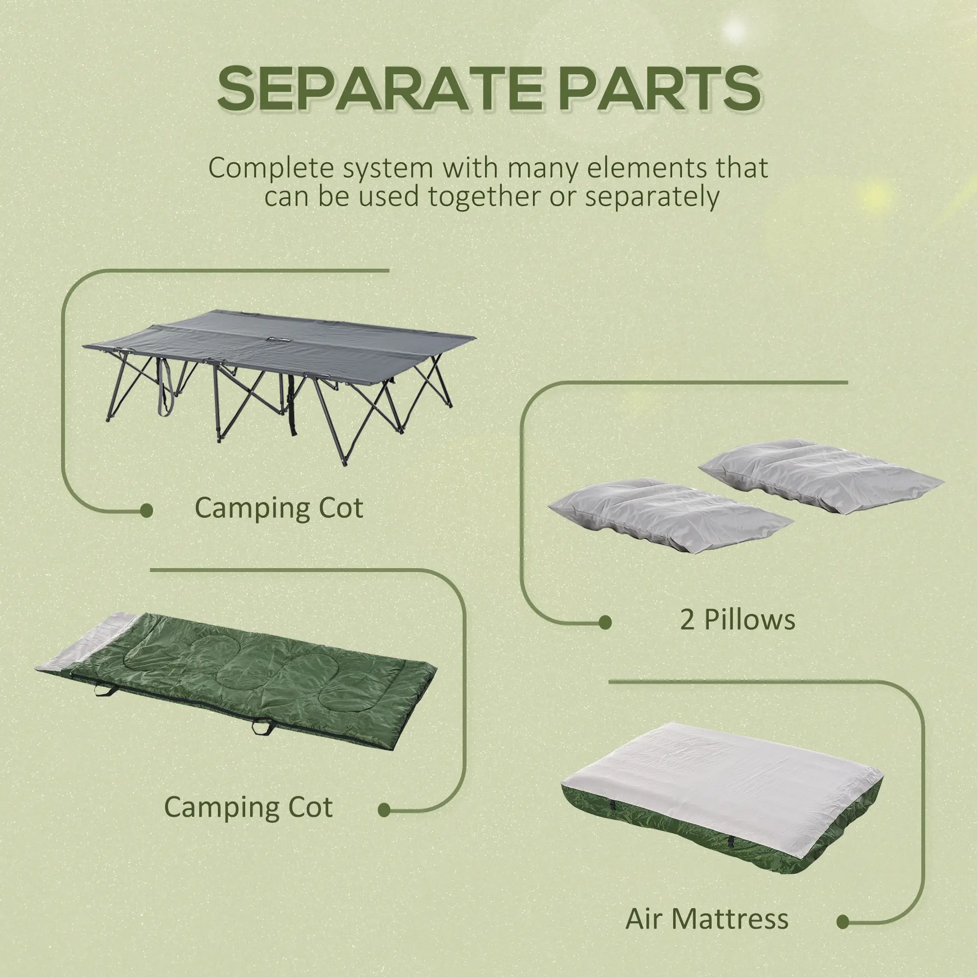 2-Person Folding Camping Cot Portable Outdoor Bed Set with Sleeping Bag, Inflatable Air Mattress, Comfort Pillows and Carry Bag, Soft and Comfortable for Outdoo