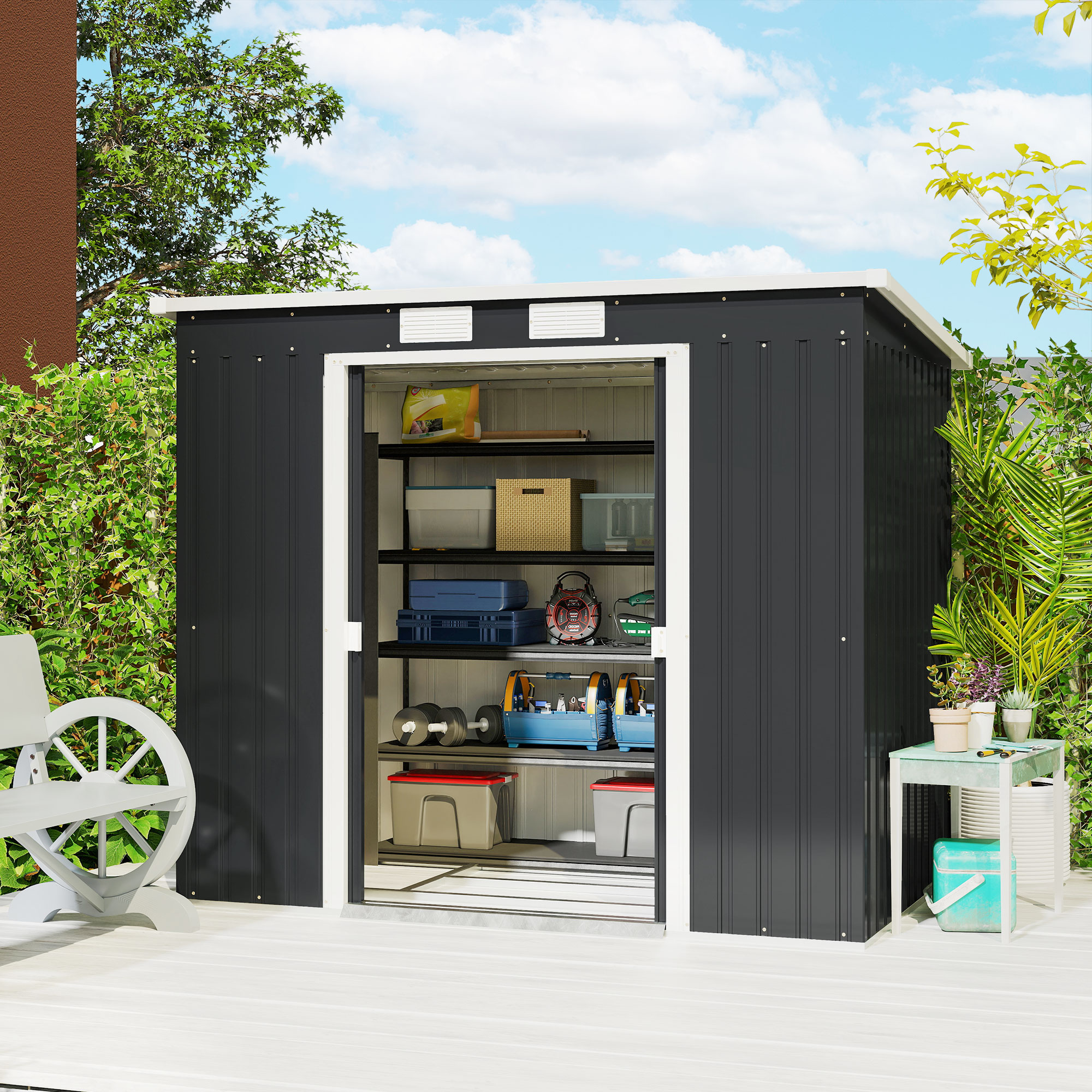 7 X 4ft Galvanised Steel Garden Shed, With Foundation Kit - Dark Grey