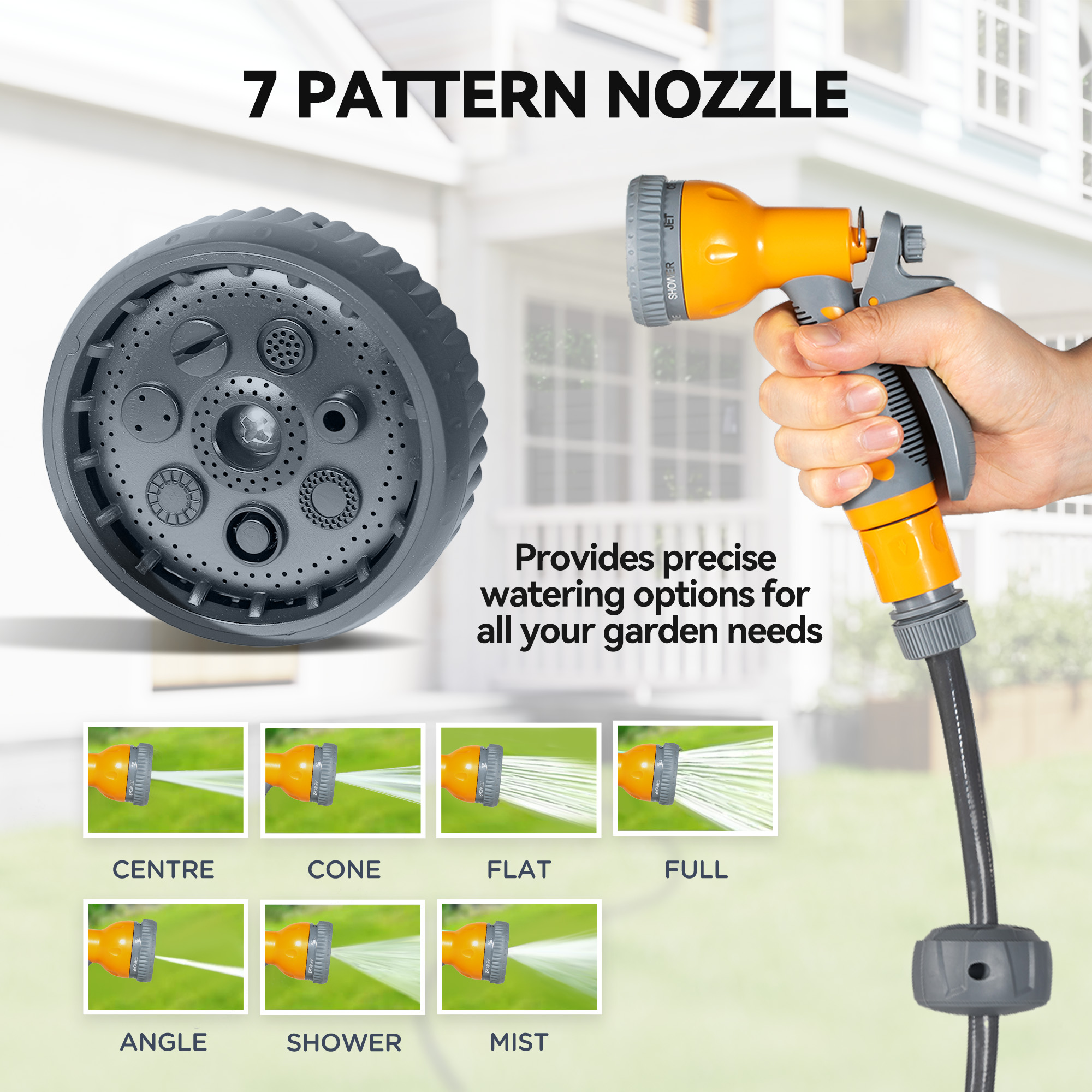 Close-up of 7-pattern spray nozzle on retractable garden hose reel