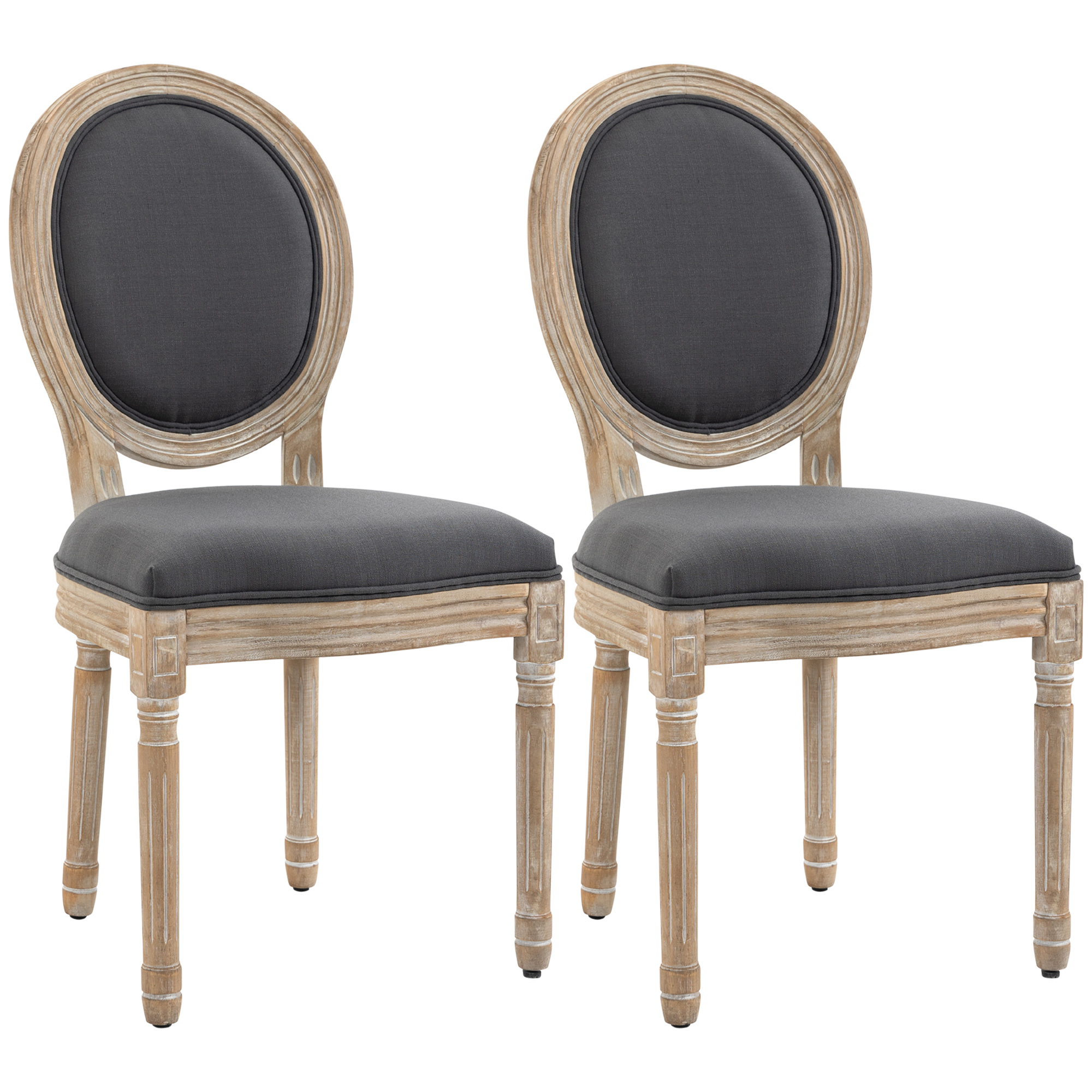 French inspired oval back dining chairs in grey linen with fluted wood legs