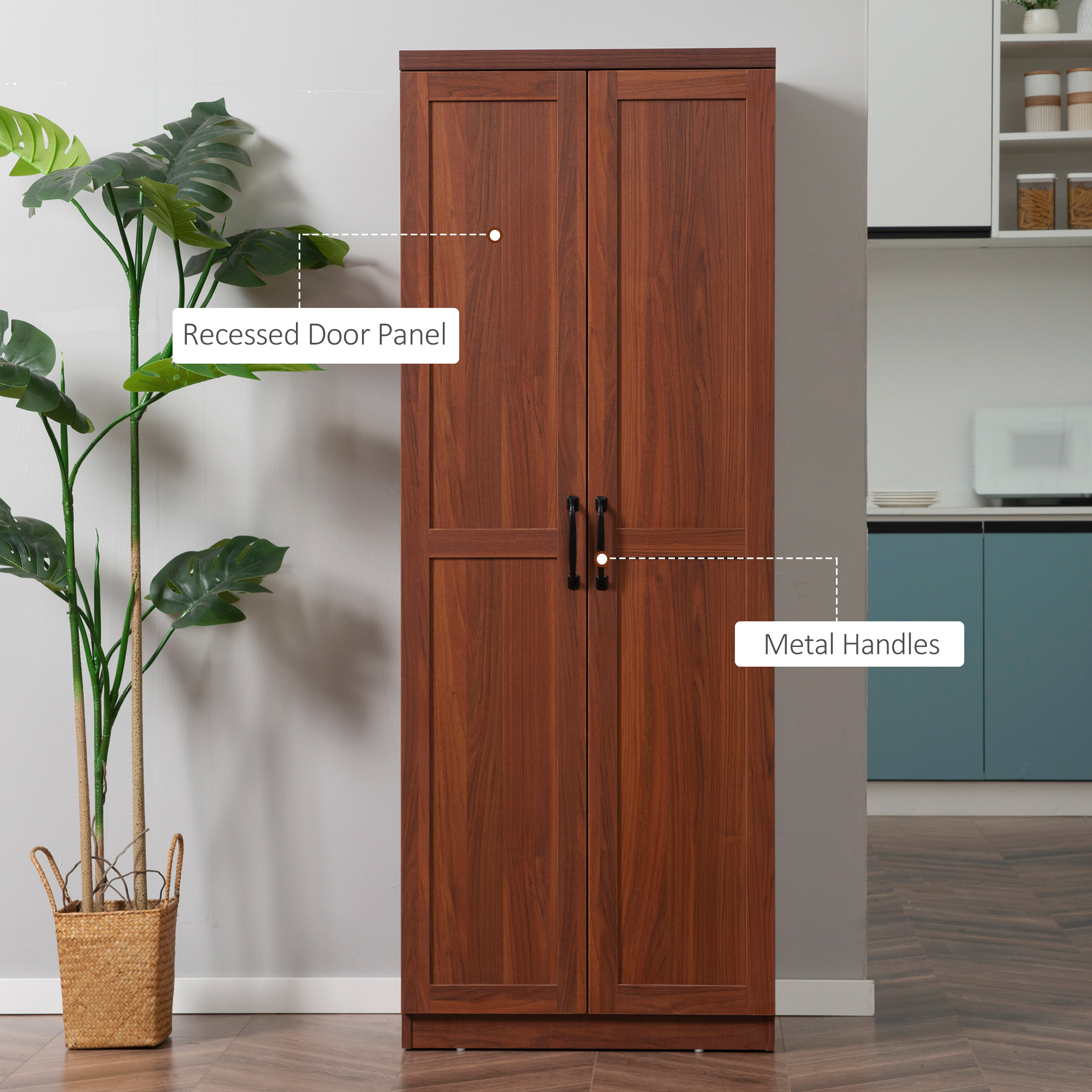 63" 2-Door Kitchen Pantry, Freestanding Storage Cabinet with 5-tier Shelving and 2 Adjustable Shelves for Dining Room, Brown image 6