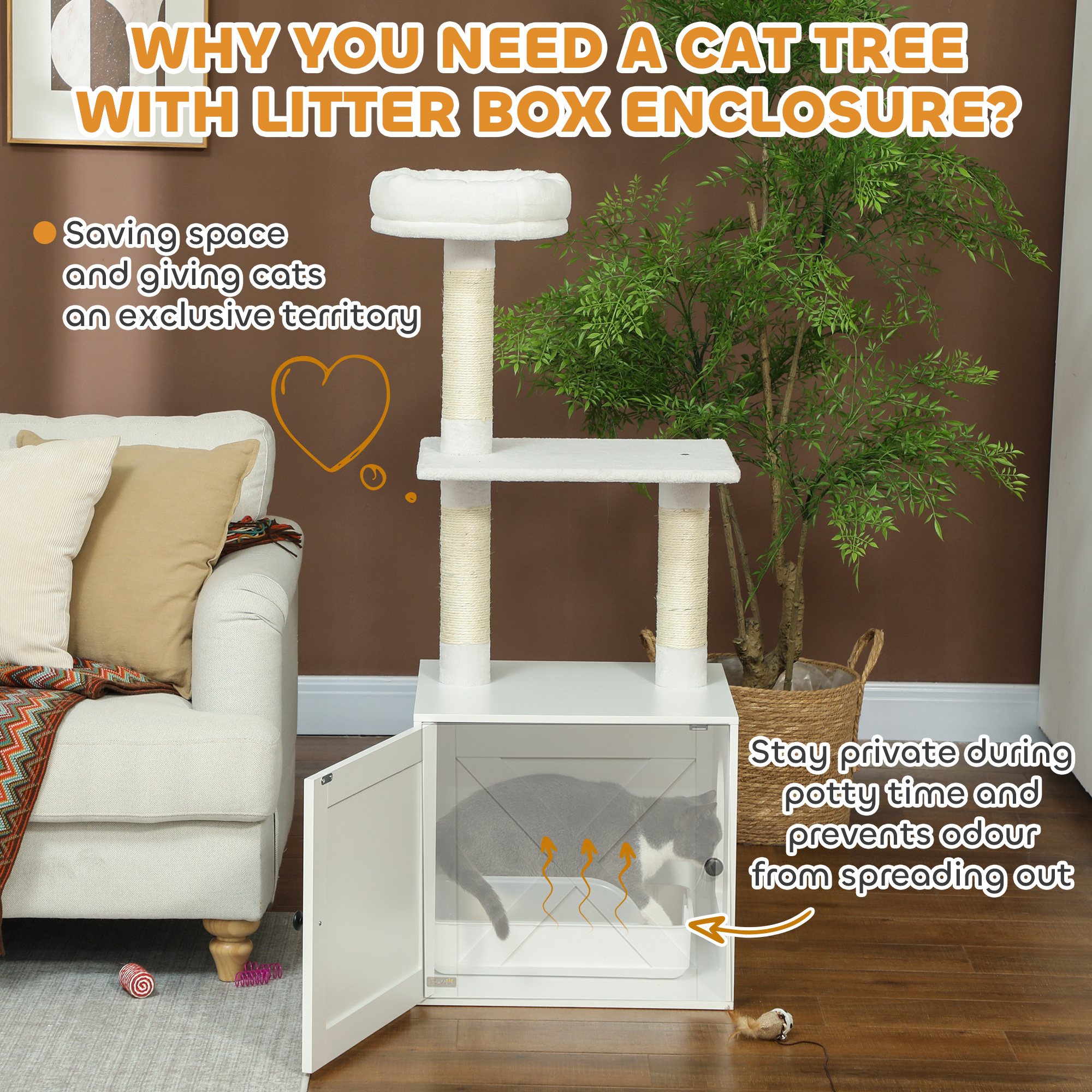  Cat Tree with Litter Box Enclosure, Scratching Posts, Bed, Climbing Platforms for Indoor Cats, White