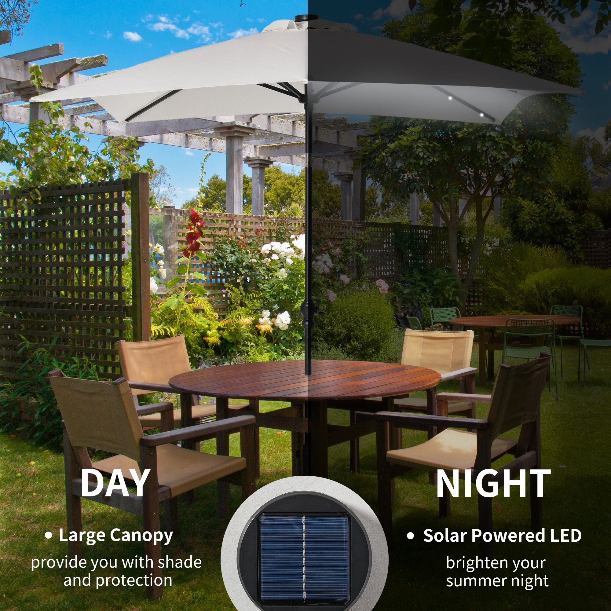 9′ x 7′ Patio Umbrella Outdoor Table Market Umbrella with Crank, Solar LED Lights, 45° Tilt, Push-Button Operation, for Deck, Backyard, Pool and Lawn, White