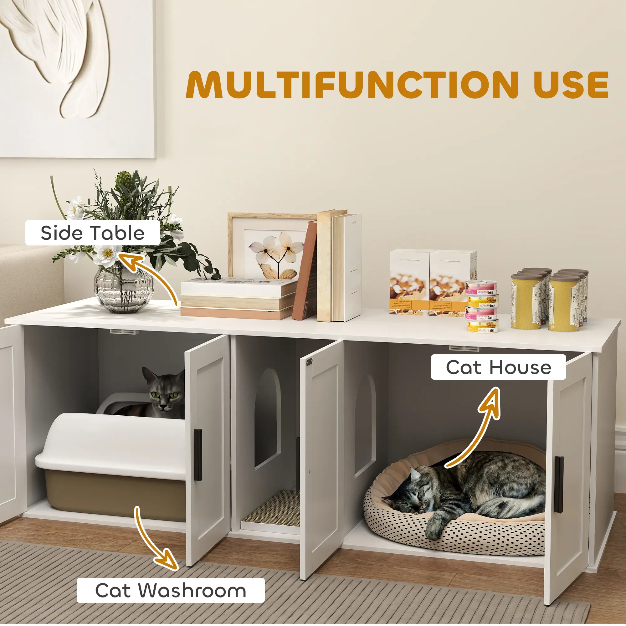 Cat Litter Box Enclosure with Double Room, Scratching Mat for 2 Cats, 57" x 19" x 20", White