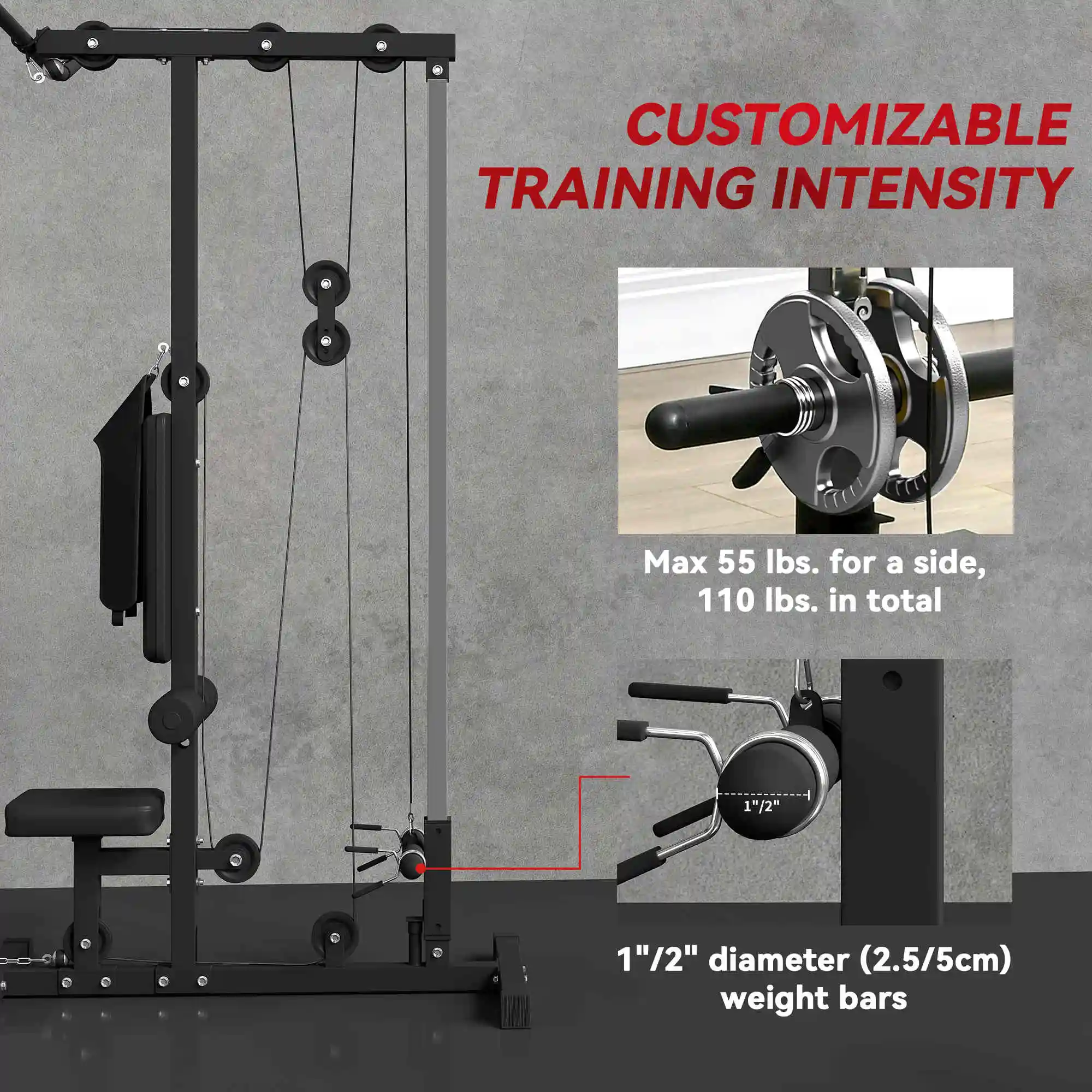 Lat Pull Down Machine, High / Low Pulley Machine with Adjustable Seat and Flip-Up Footplate, Black