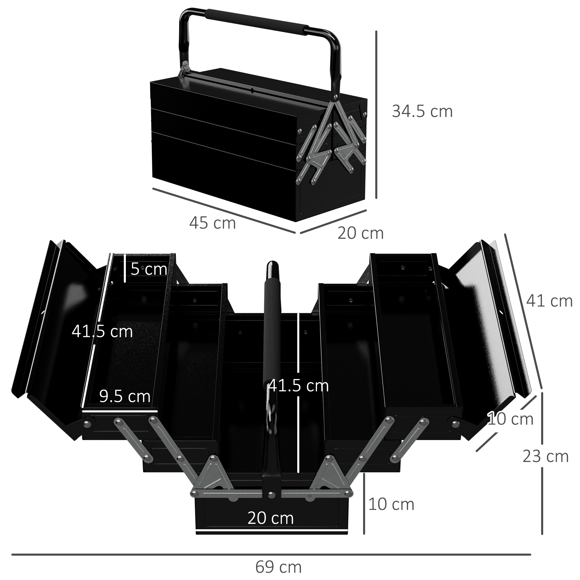 DURHAND 3 Tier Metal Toolbox, 5 Tray Professional Portable Tool Box With Carry Handle For Workshop, 45cmx20cmx34.5cm, Black