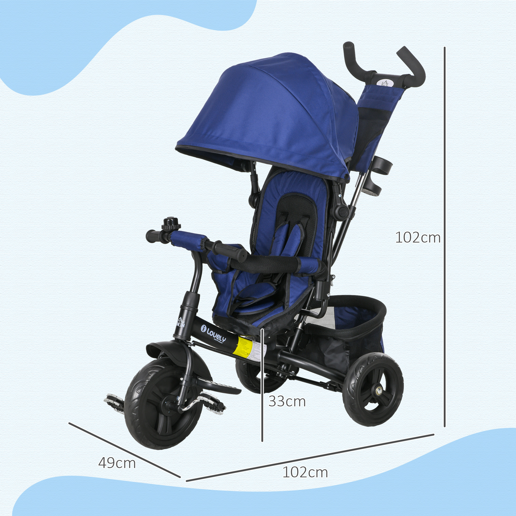 6 In 1 Kids Trike Push Bike With Handle, Canopy, 5-point Safety Belt, Storage
