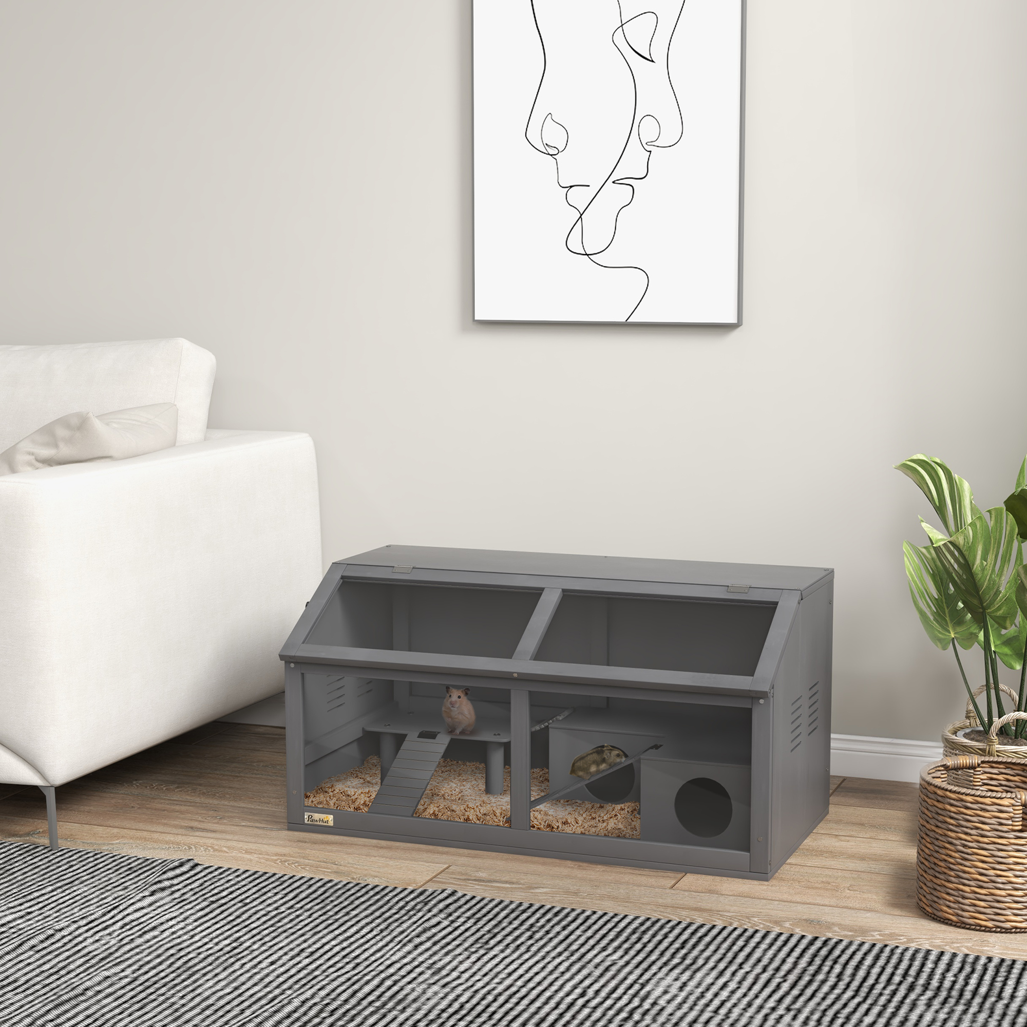 PawHut Hamster Cage, Wooden Small Animal Cage For Gerbils, Mice W/ Suspension Bridge, Openable Top, Hut, 85 X 45 X 44cm - Grey