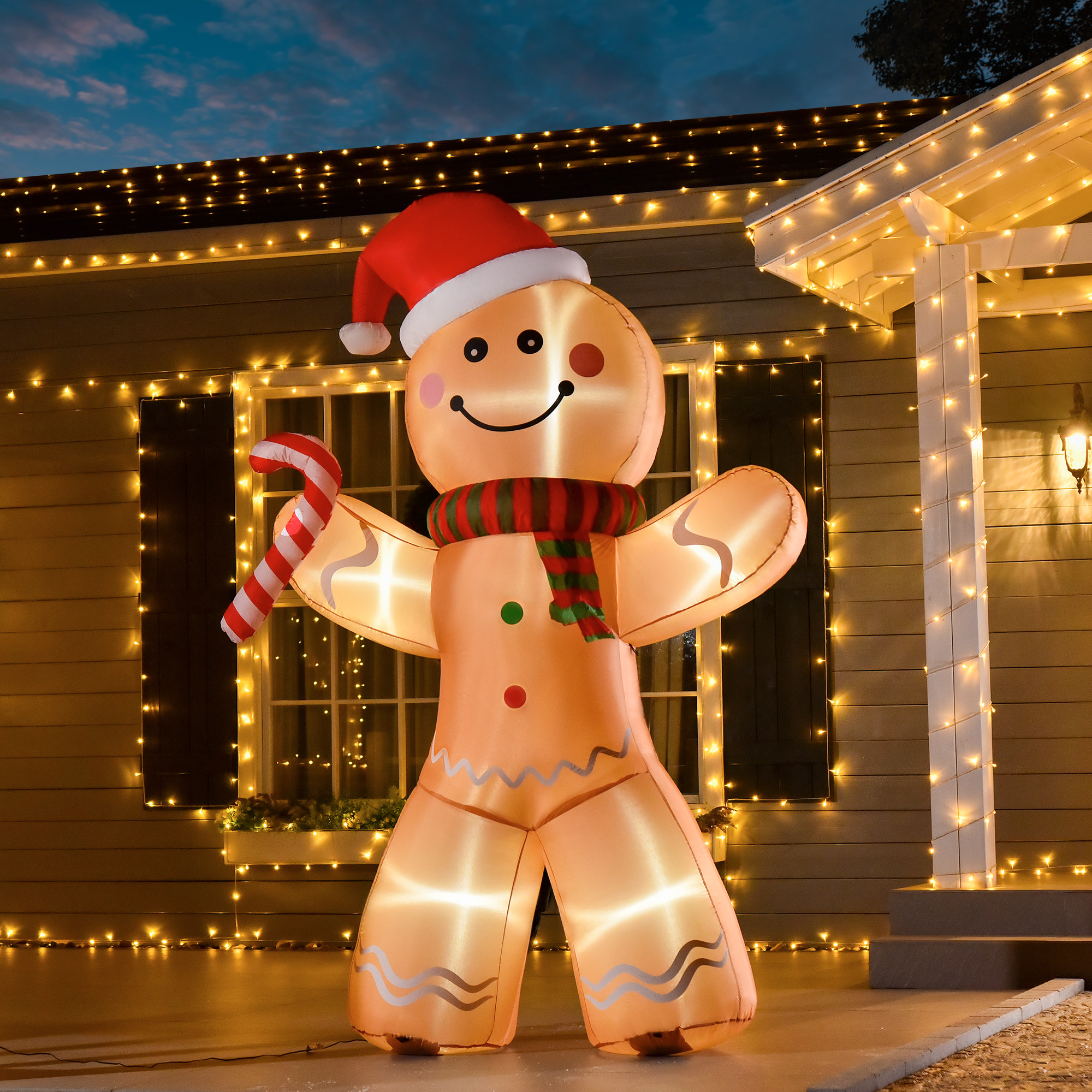  8ft Christmas Inflatable Gingerbread Man with a Candy Cane, Outdoor Blow-Up Yard Decoration with LED Lights Display