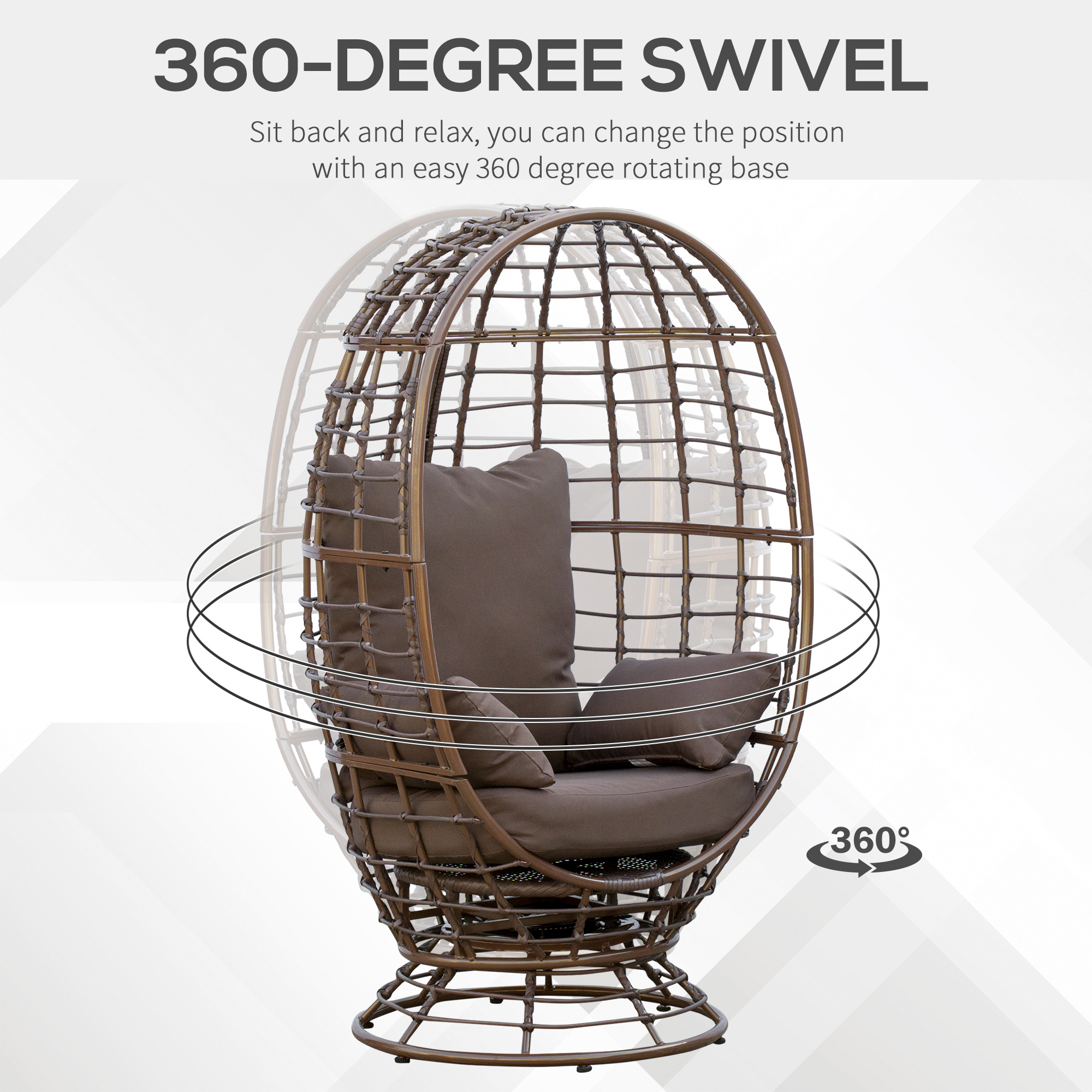  Wicker Egg Chair, 360 Rotating Indoor Outdoor Boho Basket Seat with Cushion and Pillows for Backyard, Porch, Patio, Garden, Handwoven All-Weather PE Rattan, Steel Frame, Brown
