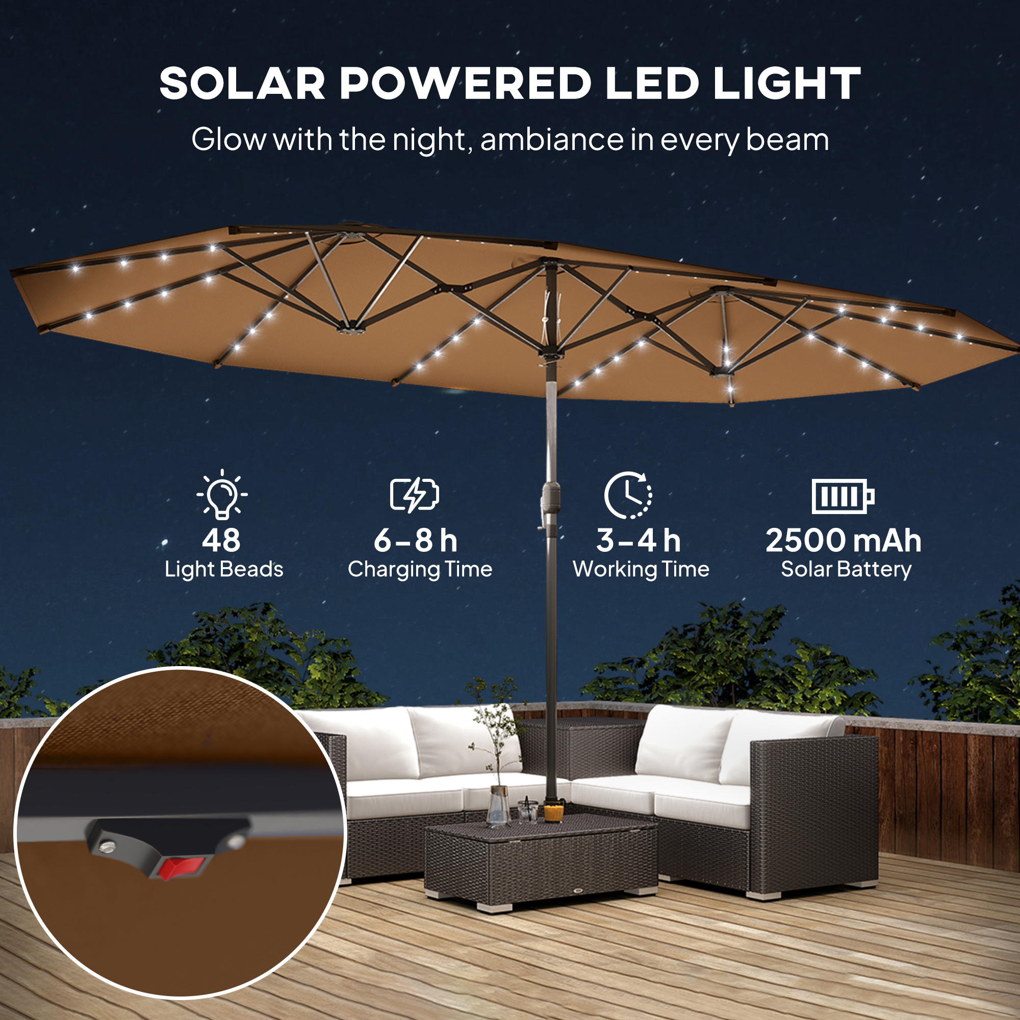 Garden Parasol, Double-Sided Sun Umbrella with LED Solar Lights, Patio Parasol for Outdoor, Coffee - 4