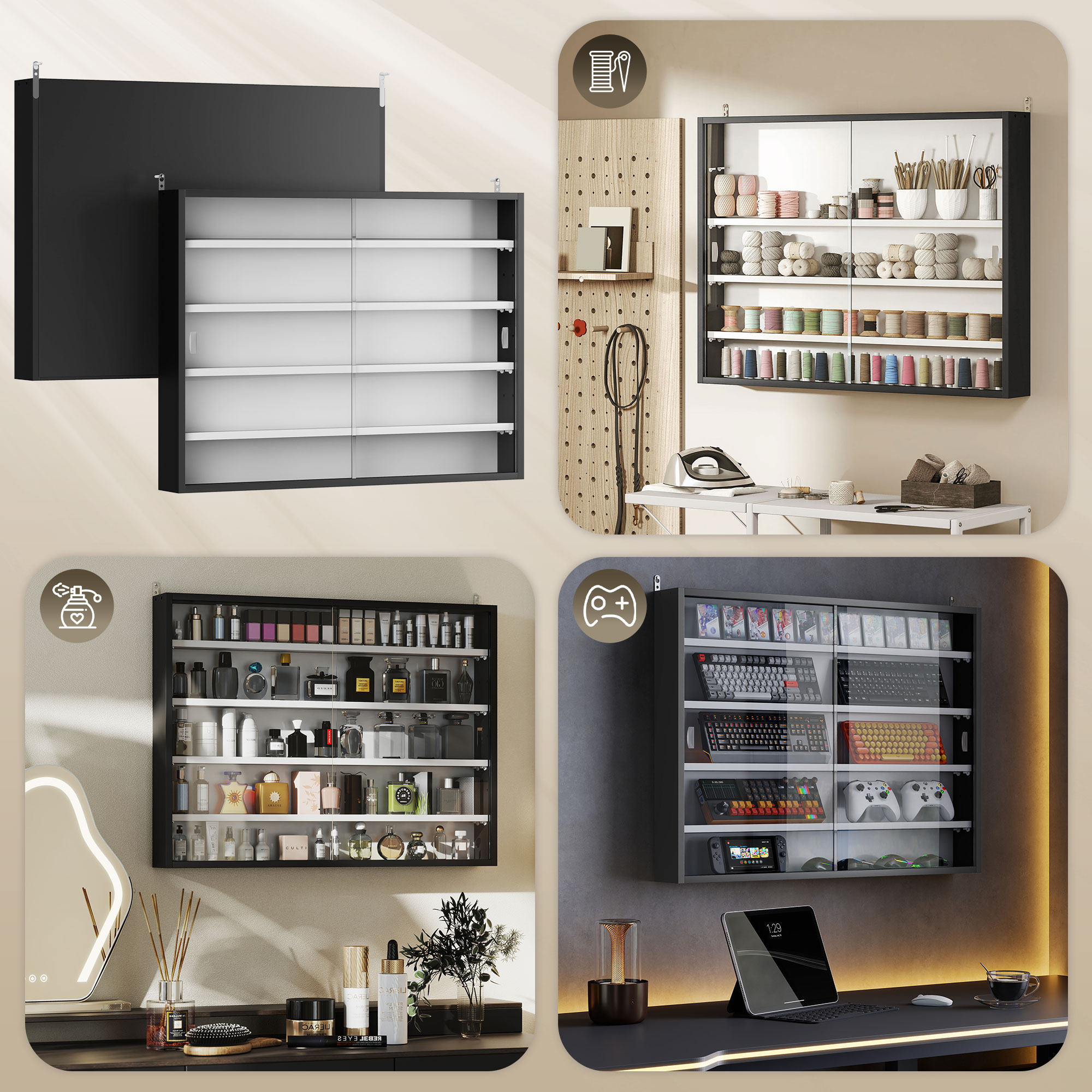 5-Tier Display Cabinet, Wall-Mounted Display Case with 2 Glass Doors and Adjustable Shelves, Black image 6