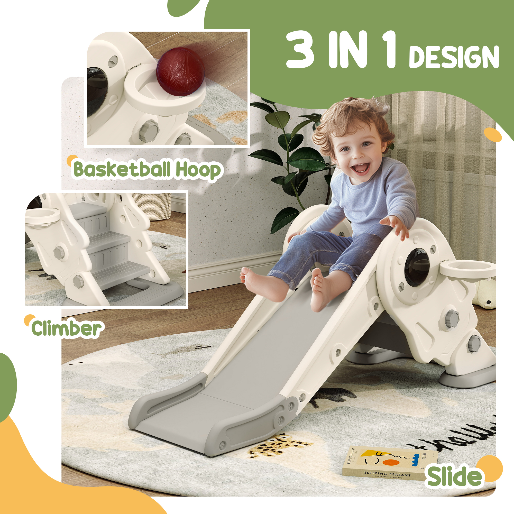 3-in-1 Kids Slide With Basketball Hoop, Climber, Anti-Slip Steps For Toddlers — image 3
