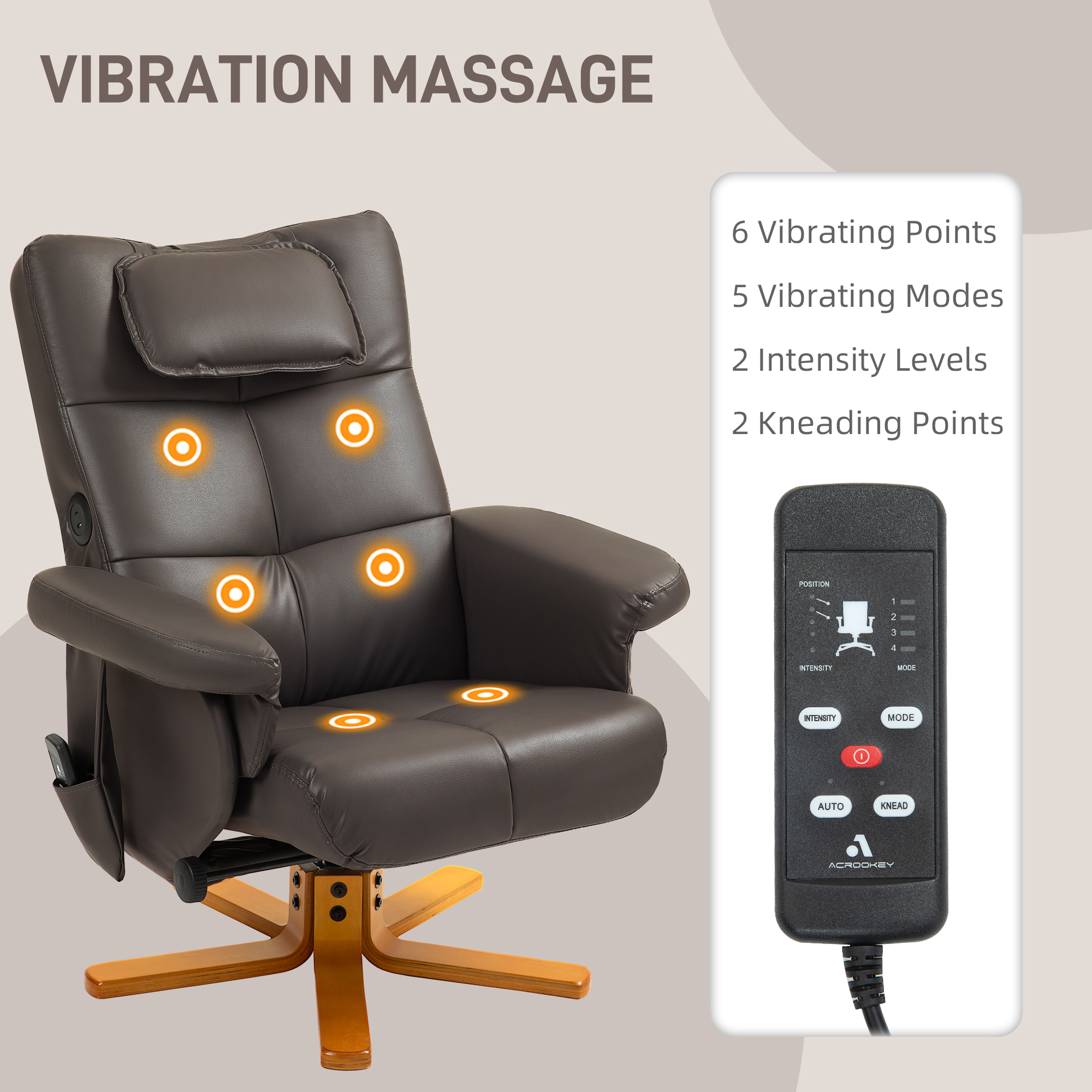 Faux Leather Massage Recliner Chair, With Storage Ottoman - Brown — image 3