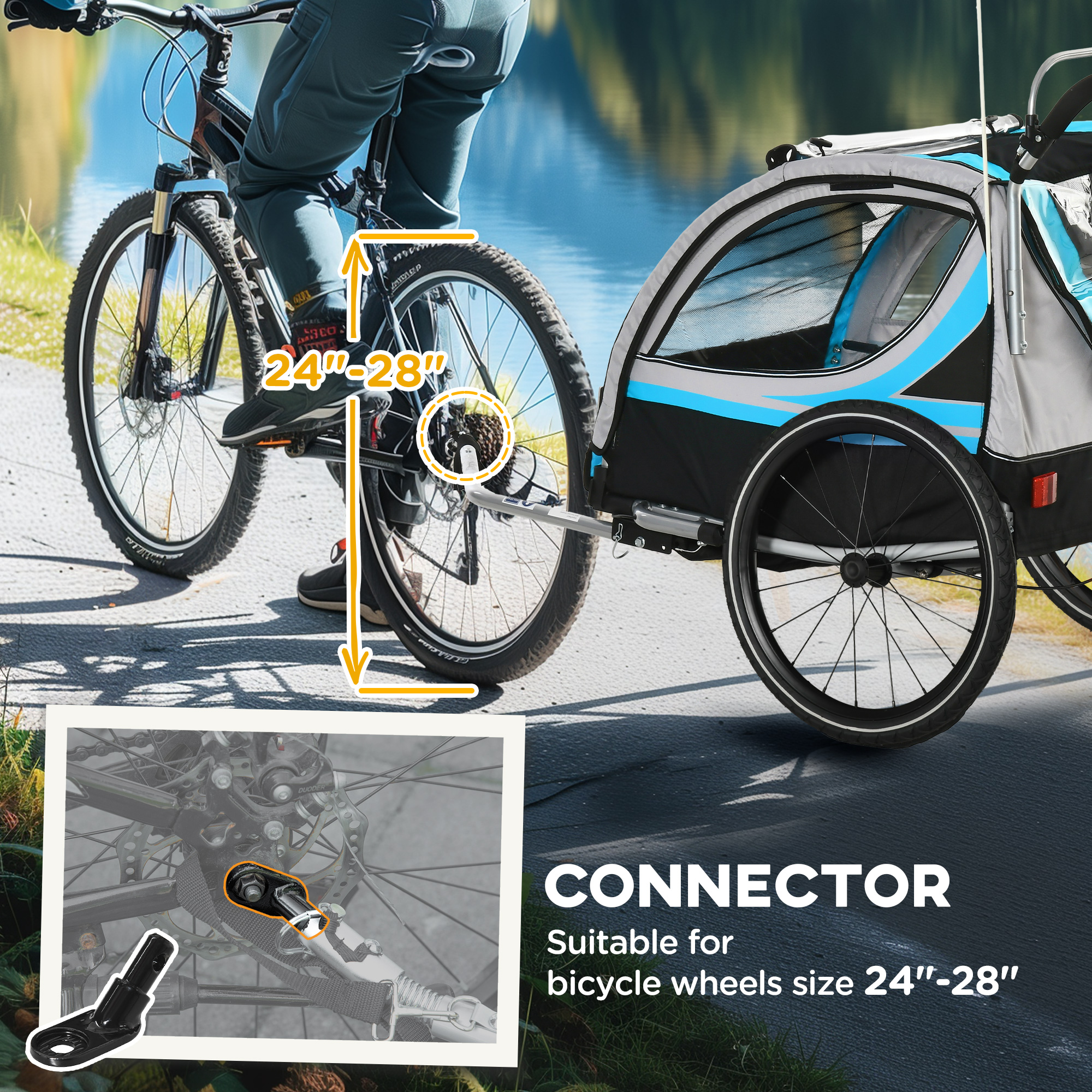 3-in-1 Bike Trailer for Kids, Running Stroller with 2 Seats, Jogging Cart with 5-Point Harness, Storage Units, Blue