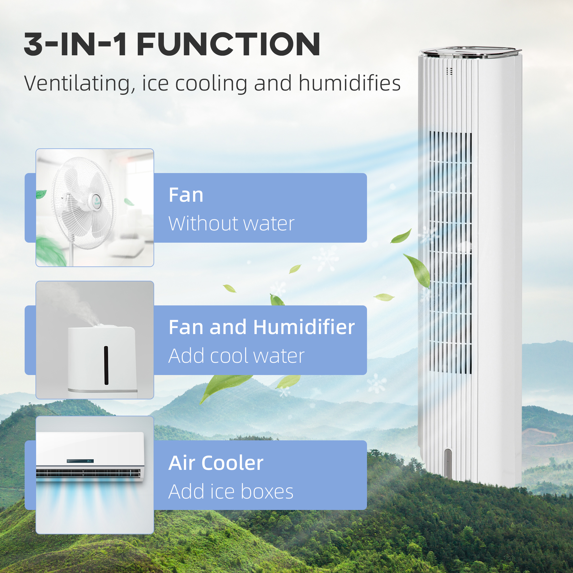  42" 3-In-1 Evaporative Air Cooler with Water Tank, Ice Cooling Fan with Humidifier, 52° Oscillating Portable Swamp Cooler for Home Office, 3 Modes, 3 Speeds, 12H Timer, Remote, White