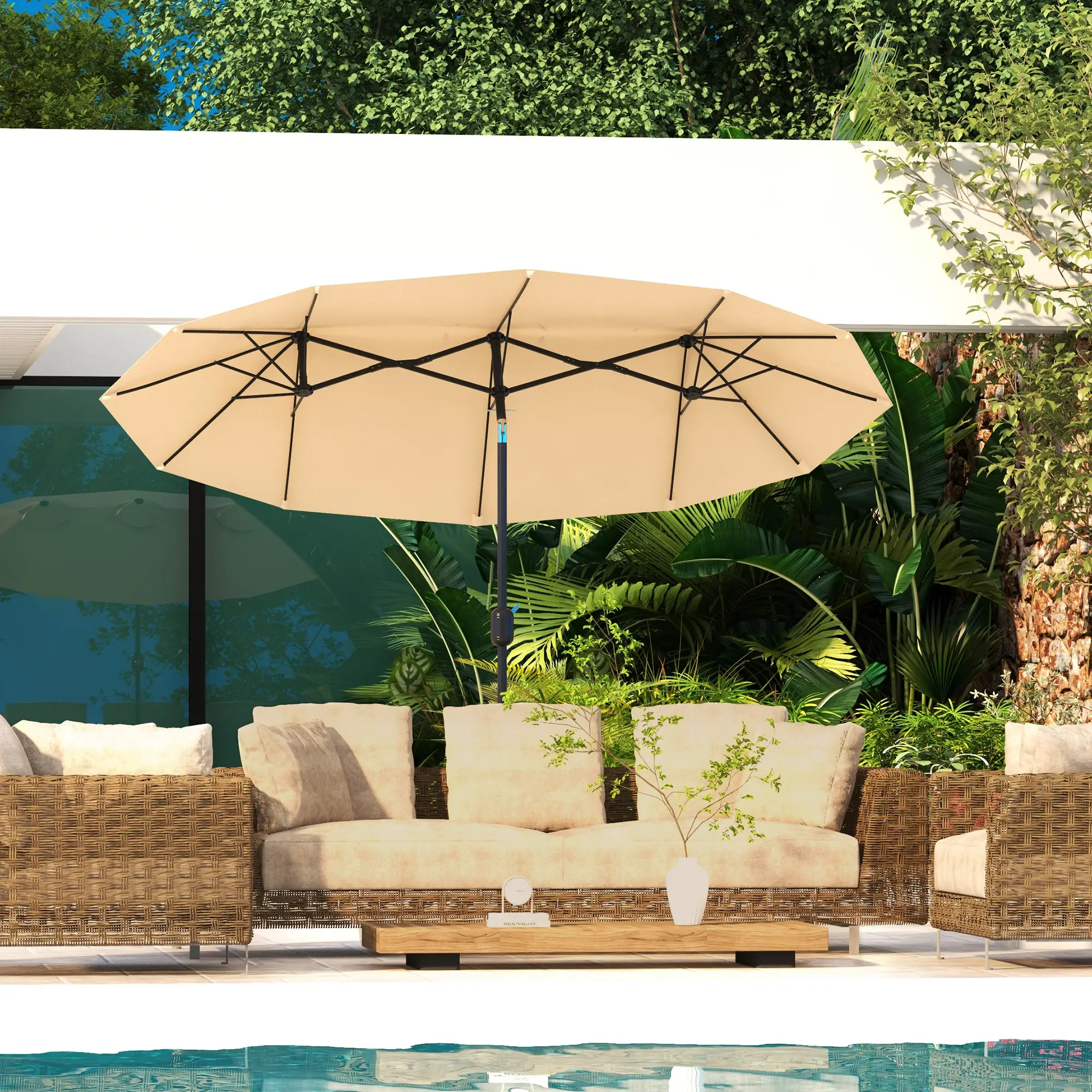 Double Sided Patio Umbrella, 9.7 Large Outdoor Market Umbrella with Push Button Tilt and Crank, 3 Air Vents and 12 Ribs, for Garden, Deck, Pool, Brown