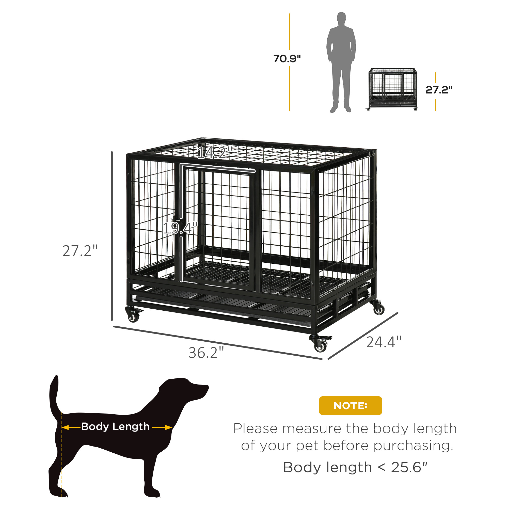  36" Heavy Duty Dog Crate with Removable Tray, Lockable Wheels and Double Door, for Medium and Large Dogs, Black