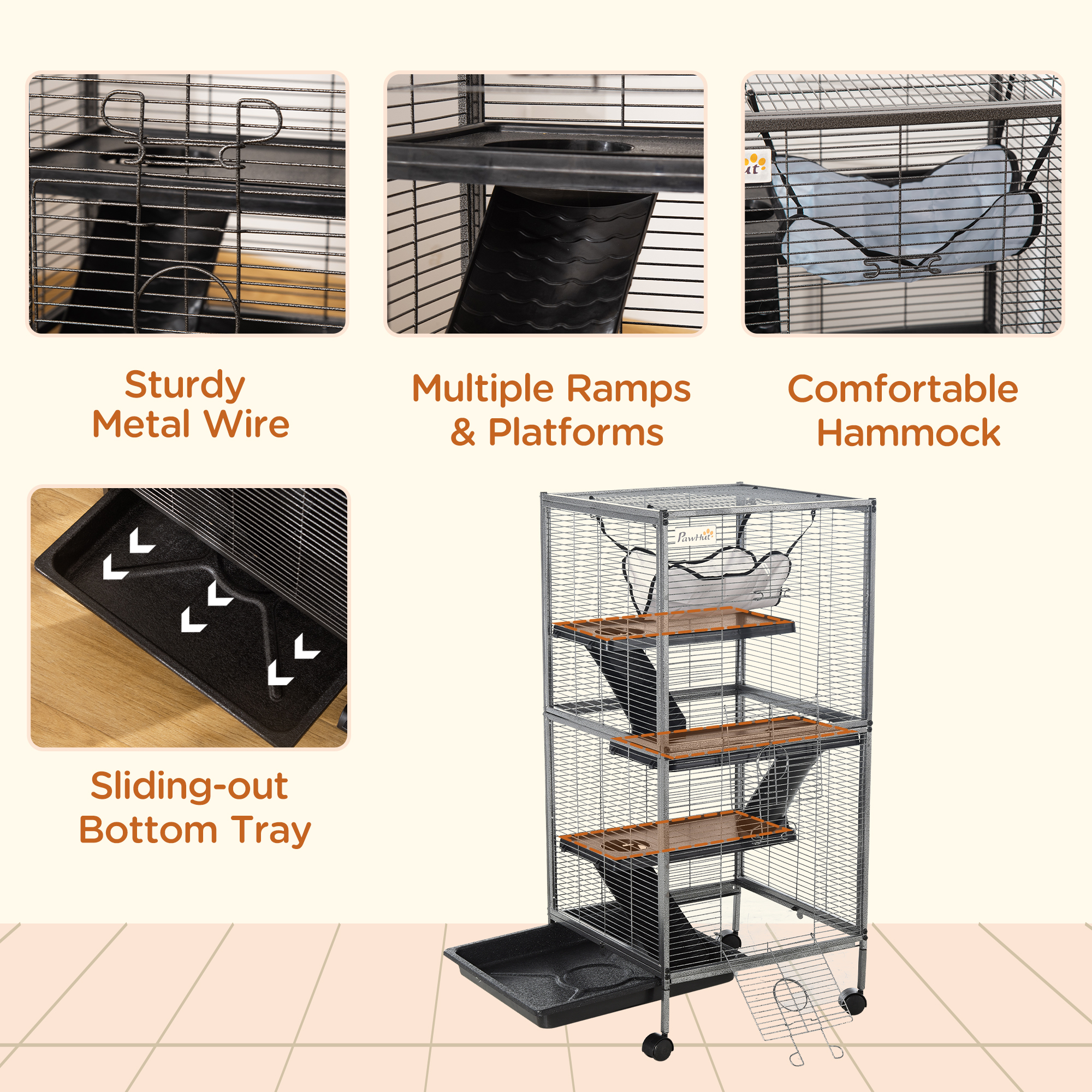  Metal Small Animal Cage Rolling Big Ferret Cage, Chinchilla Cage, Sugar Glider Cage, with Hammock & 4 Tiers, Removable Tray, Gray